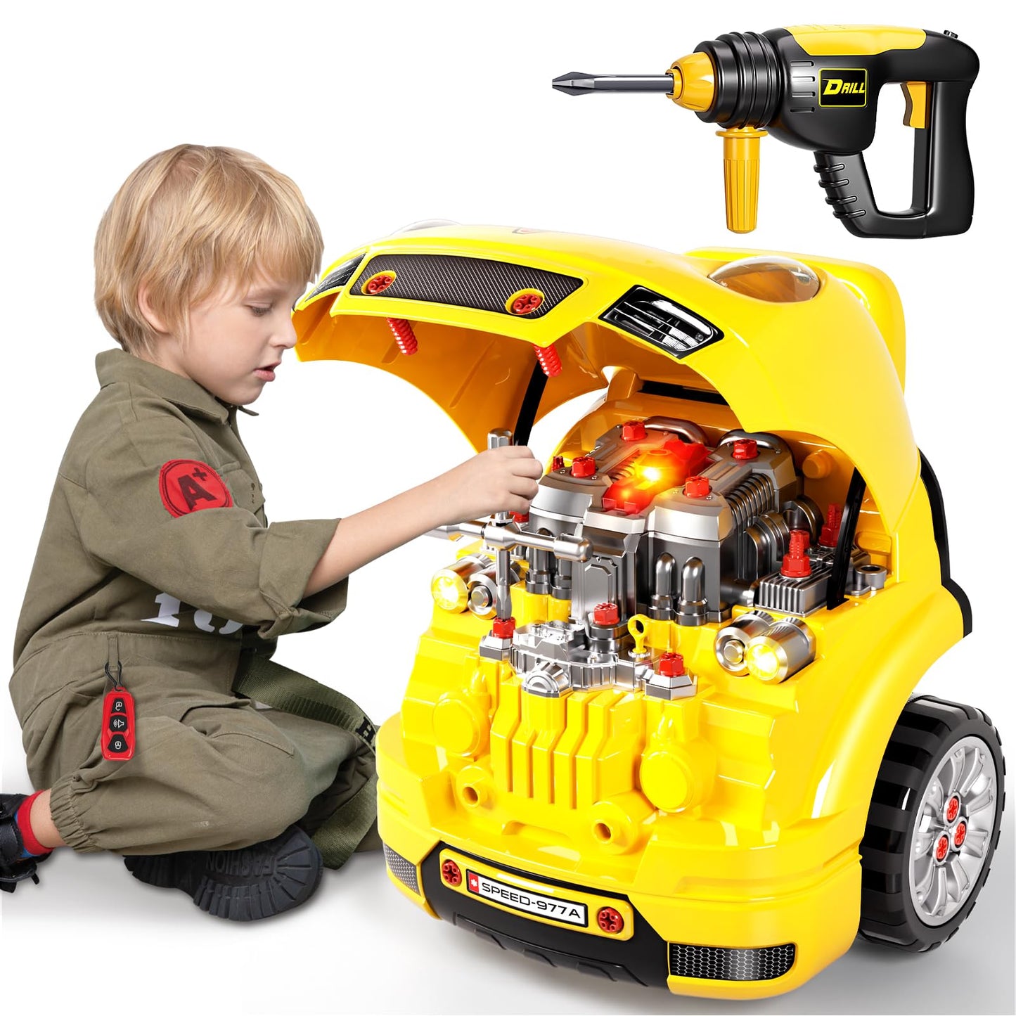 Deejoy Large Truck Builder Kit for Toddlers 3-5, Kids Mechanic Workshop Set with Light and Sound, Removable Engine, Yellow, 15.3x18.7inch