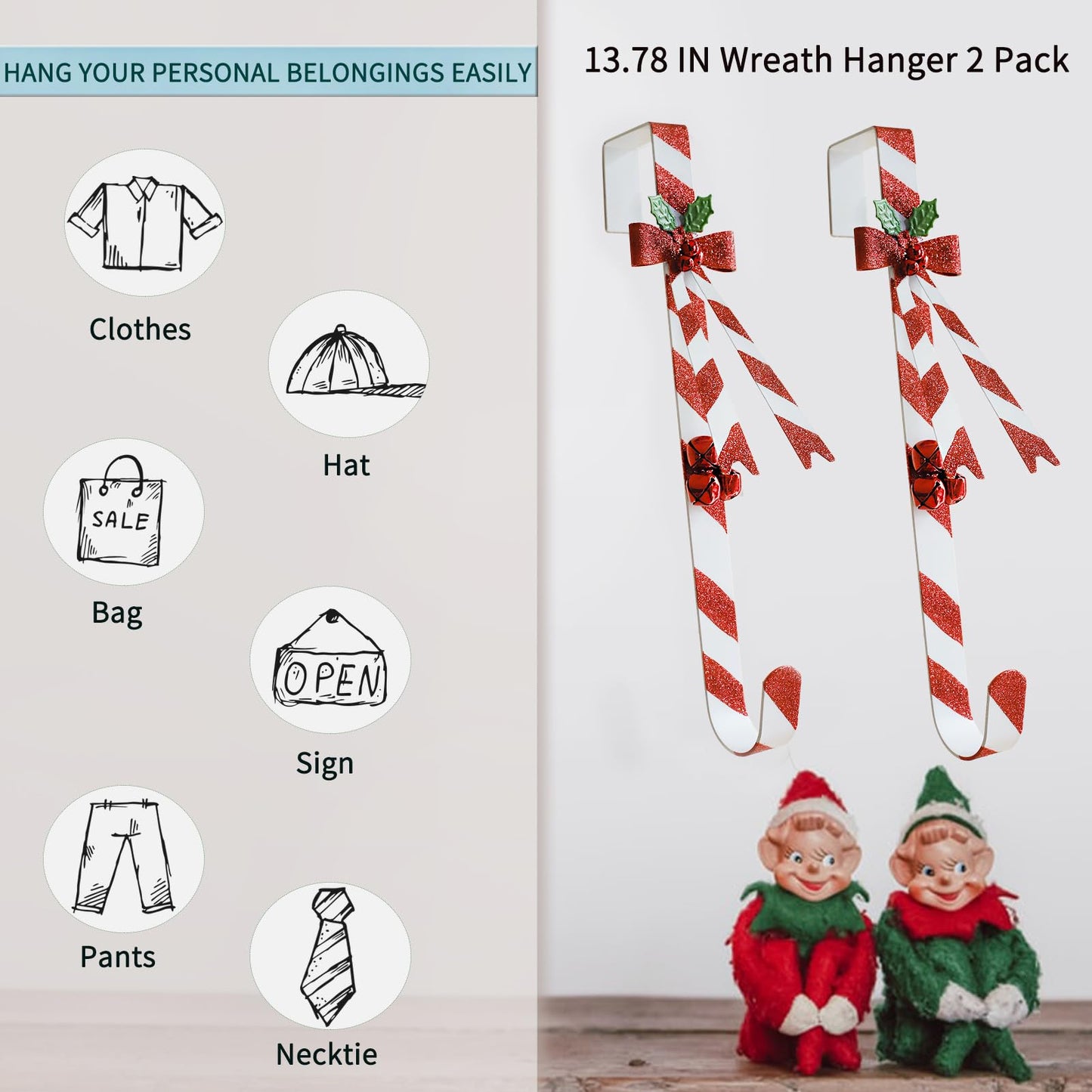 WKHOMEDECO 2 Pack Candy Cane Wreath Hangers for Front Door,Christmas Decoration Metal Over The Door Wreath Hanger Ornament,Door Wreath Hanger