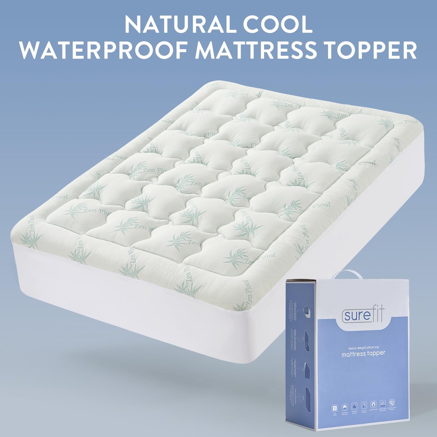 Surefit Ultra Soft Waterproof Mattress Topper, Pillow Top Mattress Pad, Back Pressure Relief, Viscose Derived from Bamboo, Naturally Cooling for Hot Sleepers, Queen 60x80