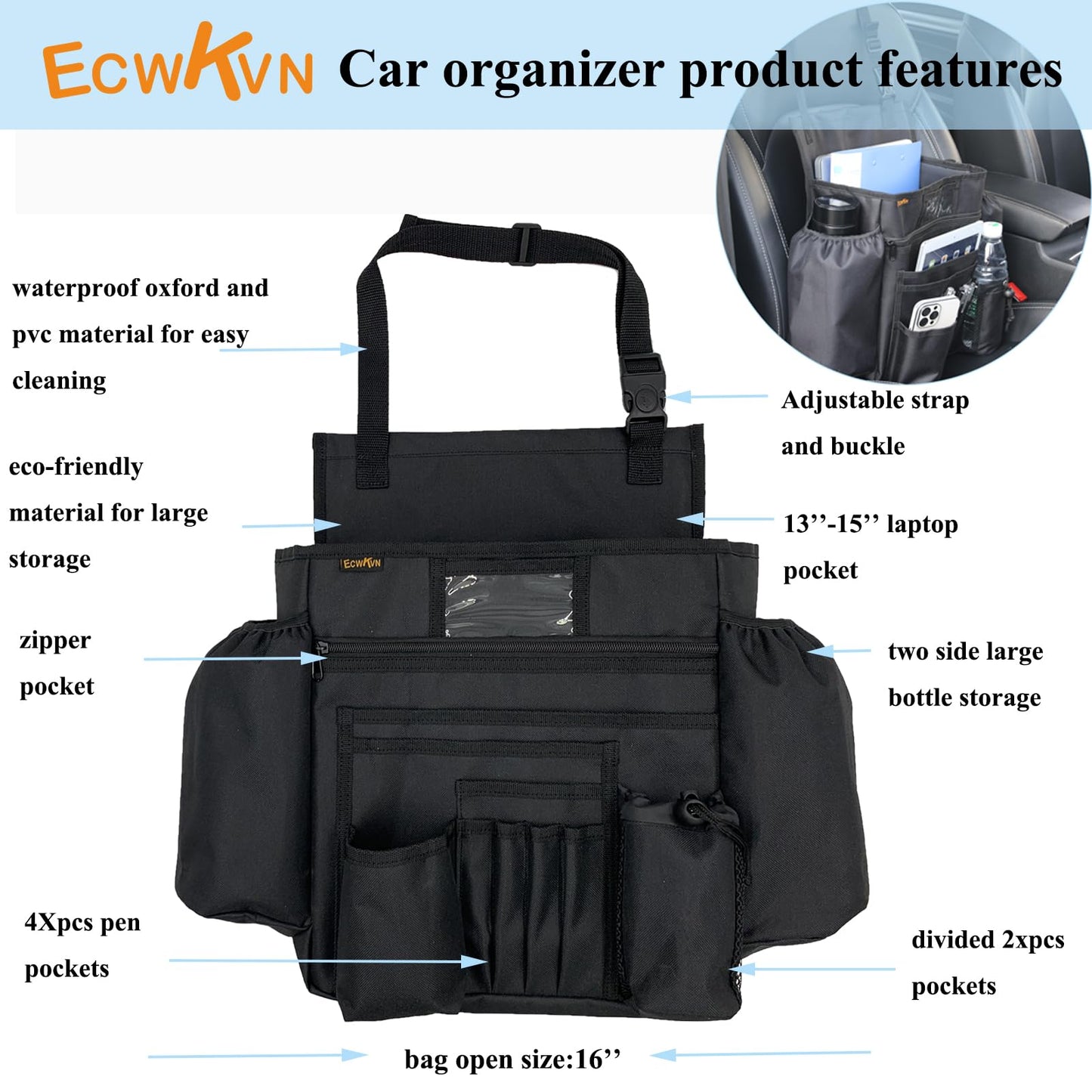 ECWKVN Car Front Seat Organiser -Car File Patrol Bag,Heavy Duty Passenger Tidy Backseat Organiser-Vehicle Storage Bag with 10 Multi Pockets for Laptops Tablet Cup Holder,Black