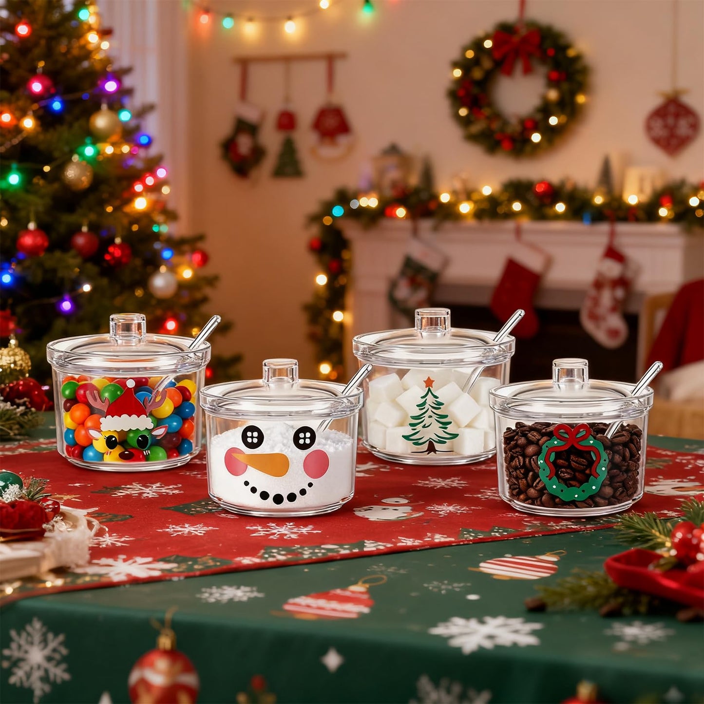 Foxtell 4 Pcs Christmas Clear Acrylic 450ml Sugar Bowls with Lid and Spoon Ice Cream Sundae Storage Container Kitchen Canister Condiment Bottle for Xmas Party Serving & Decor