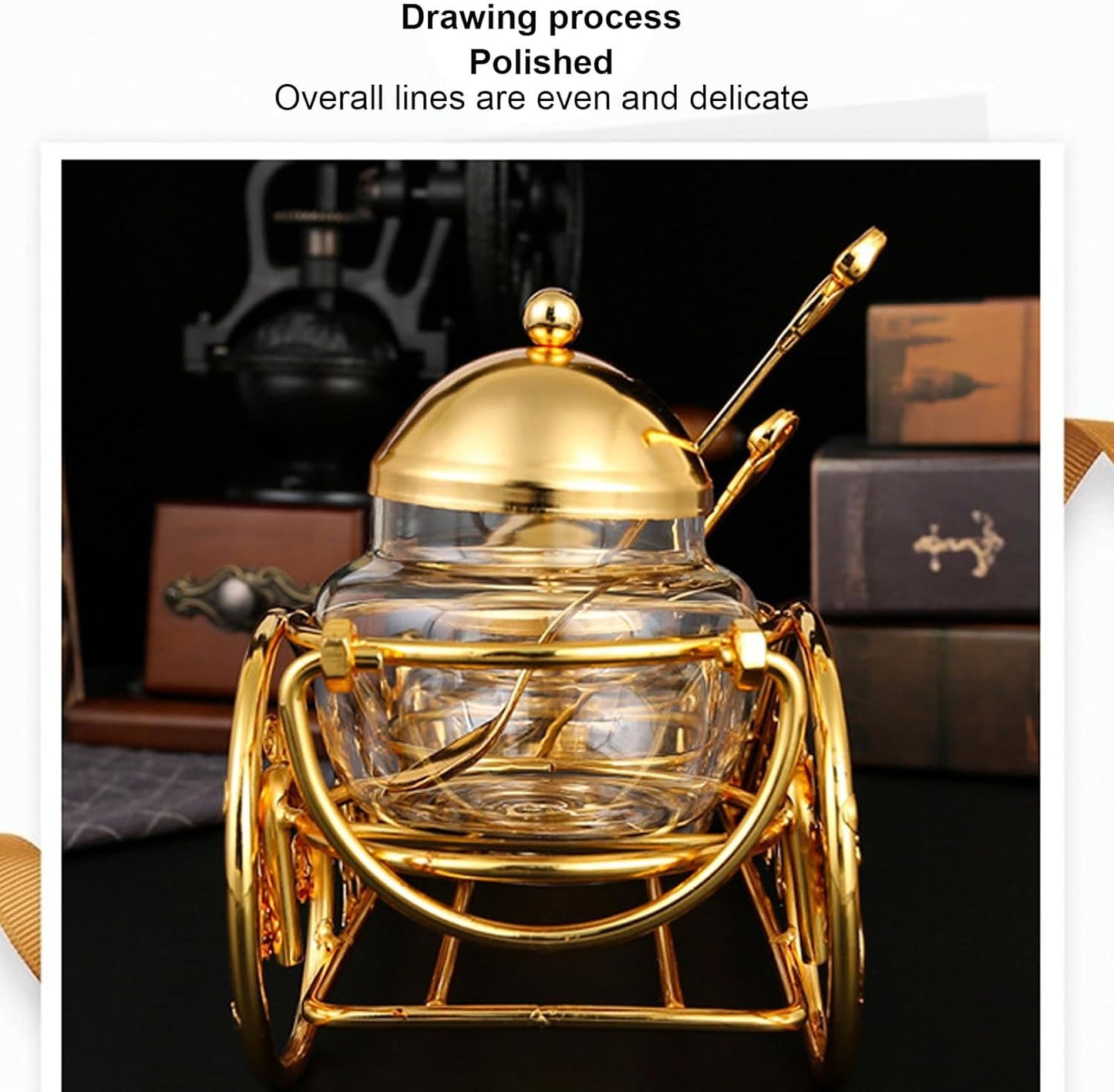 Golden Sugar Jar,European Crystal Sugar Bowl Kitchen Condiment Containers Seasoning Storage Pot Sauce Bottle Seasoning Jar with Lid Spoon