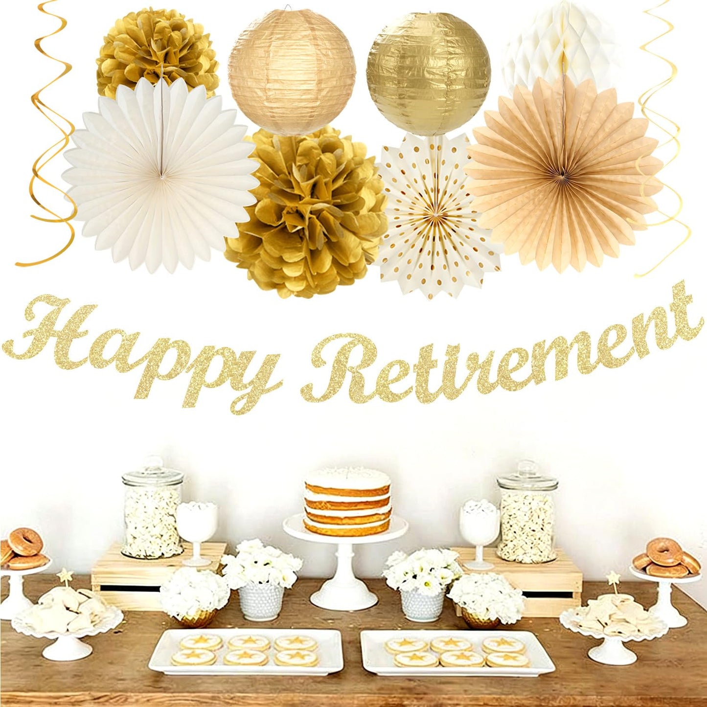 Beige-Gold Happy Retirement Party Decorations Banner Women Men Huglony