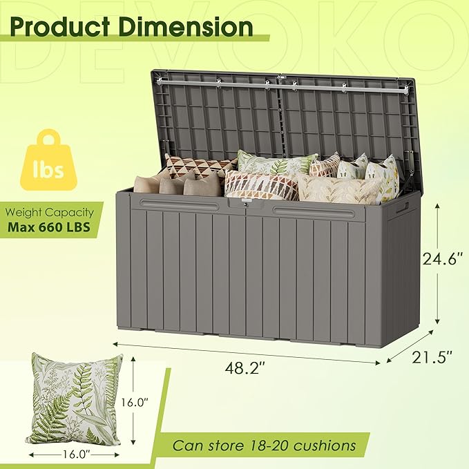Devoko 100 Gallon Outdoor Storage Box, Waterproof Resin Deck Box for Patio Furniture, Lockable Container for Garden Cushions & Pool Supplies (Light Brown, 100 Gallon)