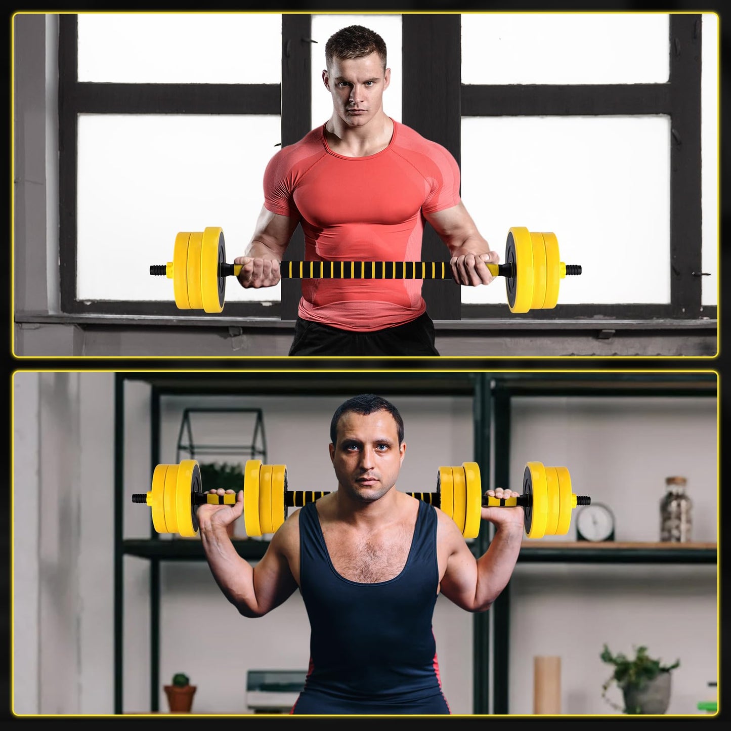 2-in-1 Adjustable Weight Set 44 Lb, Adjustable Weights with Foam Shoulder Connector Used As Dumbbell and Barbell Set, Yellow