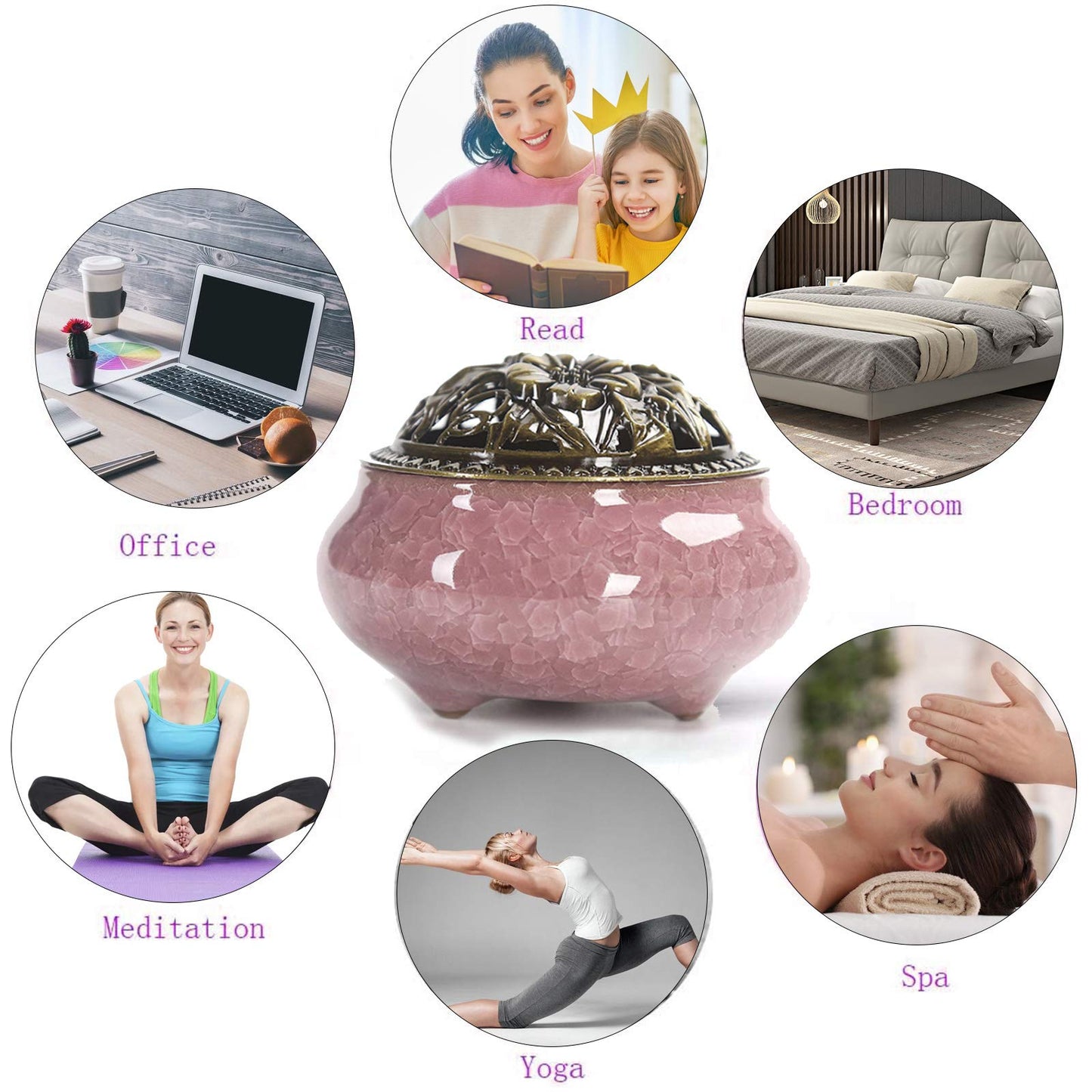 Ceramic Incense Burner with Calabash Incense Holder, 3 in 1 Stick or Cone Coil Incense Burner, Brass Lid for Yoga Spa Meditation