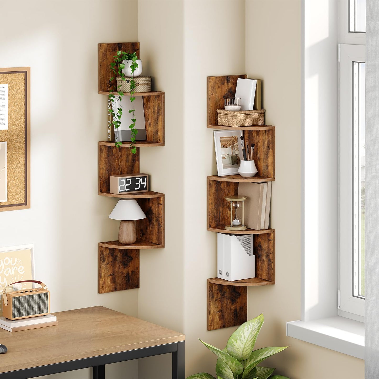 HOOBRO Corner Shelf Wall-Mounted, Set of 2 Floating Corner Shelves for Wall, 4-Tier Corner Bookshelves for Living Room, Bedroom, Bathroom, Home Office, Rustic Brown BF25BJP201