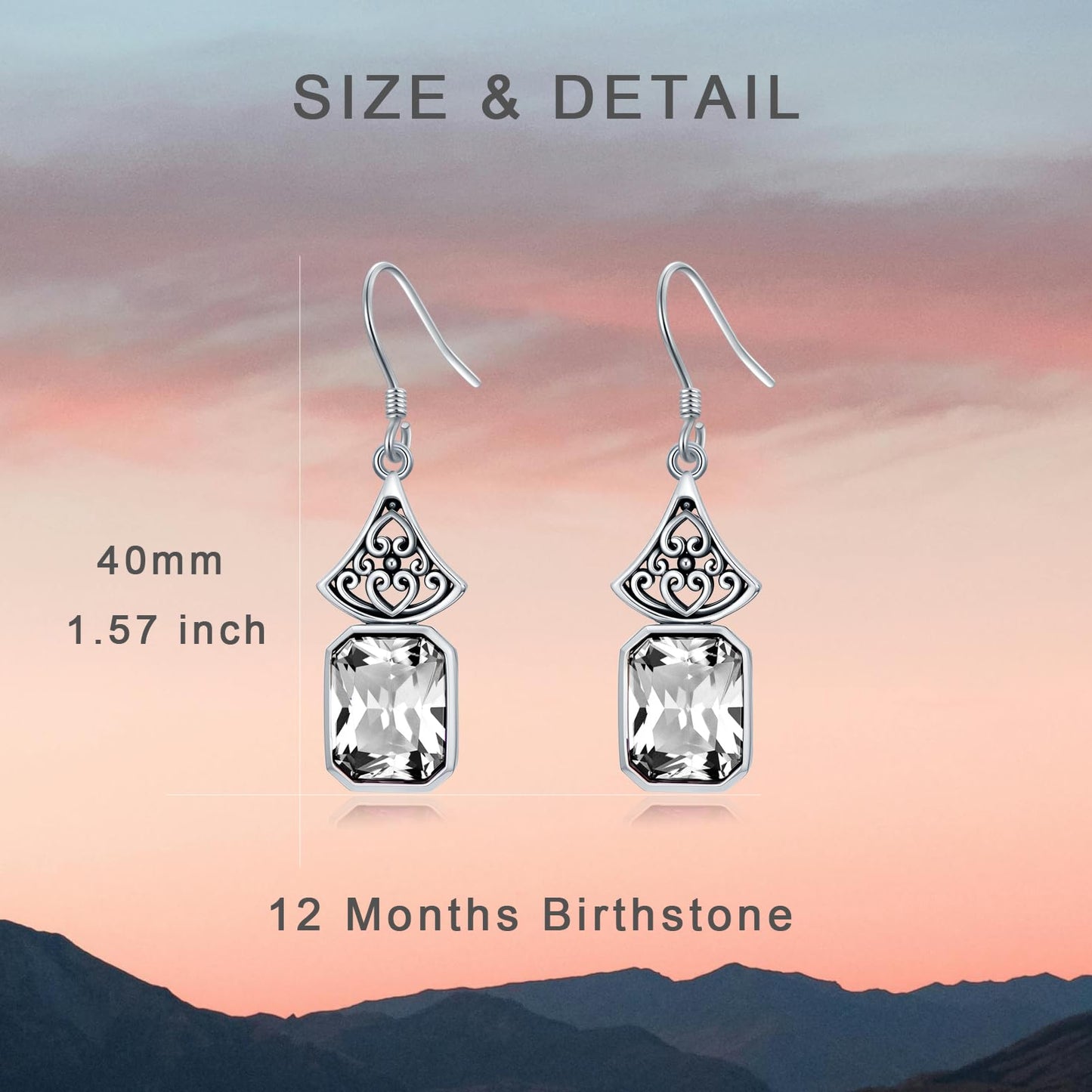 Vintage Earrings 925 Sterling Silver Oxidized Dangle Drop Earrings with Emerald Cut White Crystal April Birthstone Anniversary Jewelry Gifts for Women