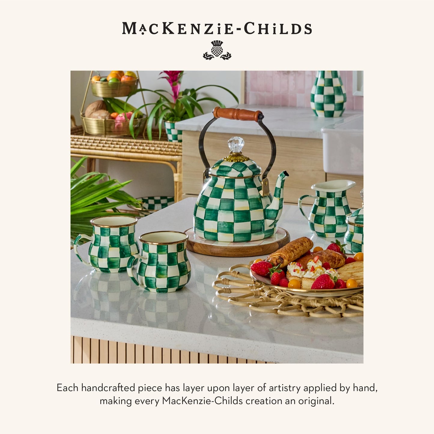 MACKENZIE-CHILDS Enamel Salt and Pepper Shakers, Kitchen Table Spice Shaker Set, Green-and-White Emerald Check, Large
