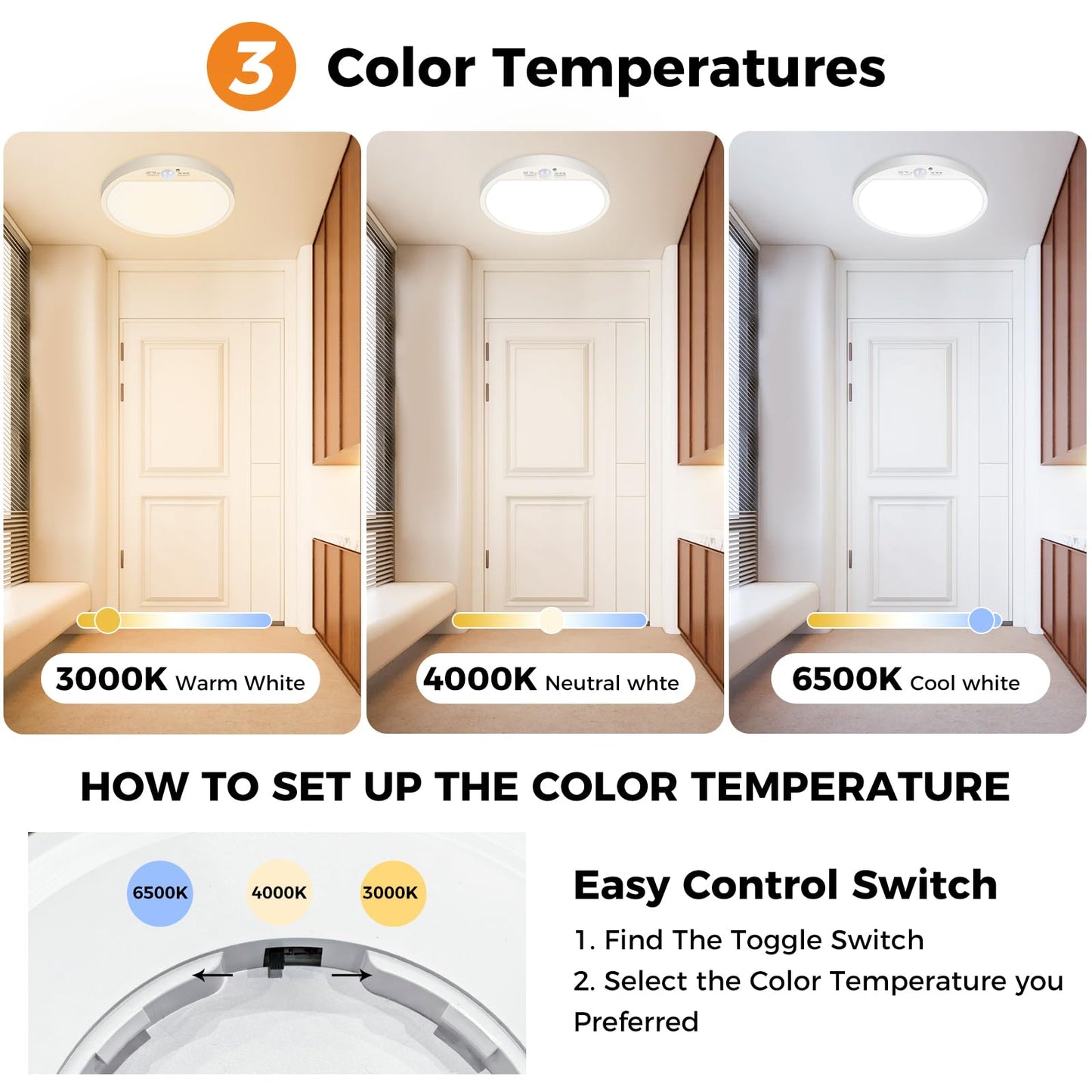 slochi LED Ceiling Light with Motion Sensor, 3000K-4000K-6500K & 100W Equivalent Motion Sensor Lights Indoor, 18W 1800LM 18cm Bathroom Ceiling Light for Bath,Porch,Stairs,Garage