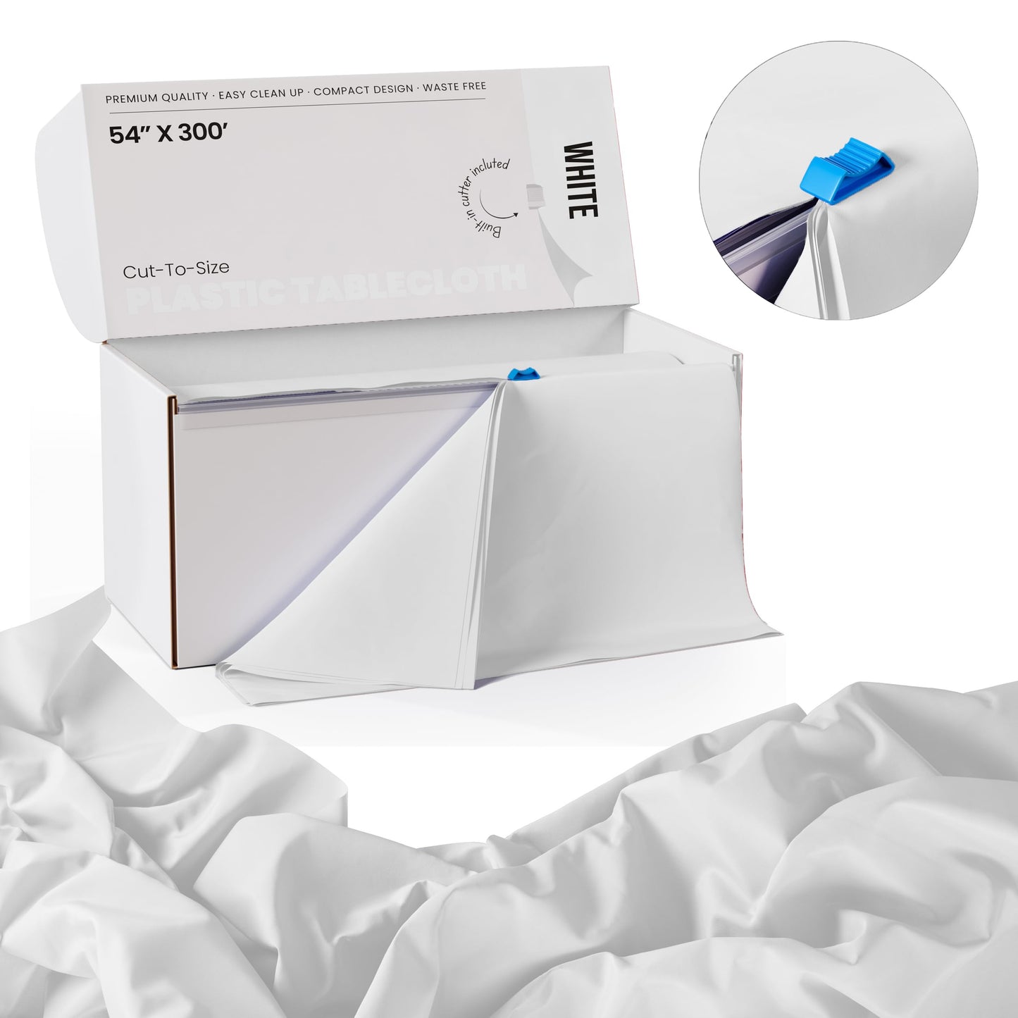 Exquisite Party Solids 54 Inch X 300 Feet White Plastic Table Cover Roll in A Cut - to - Size Box with Convenient Slide Cutter. Cuts Up to 36 Rectangle 8 Feet Plastic Disposable Tablecloths