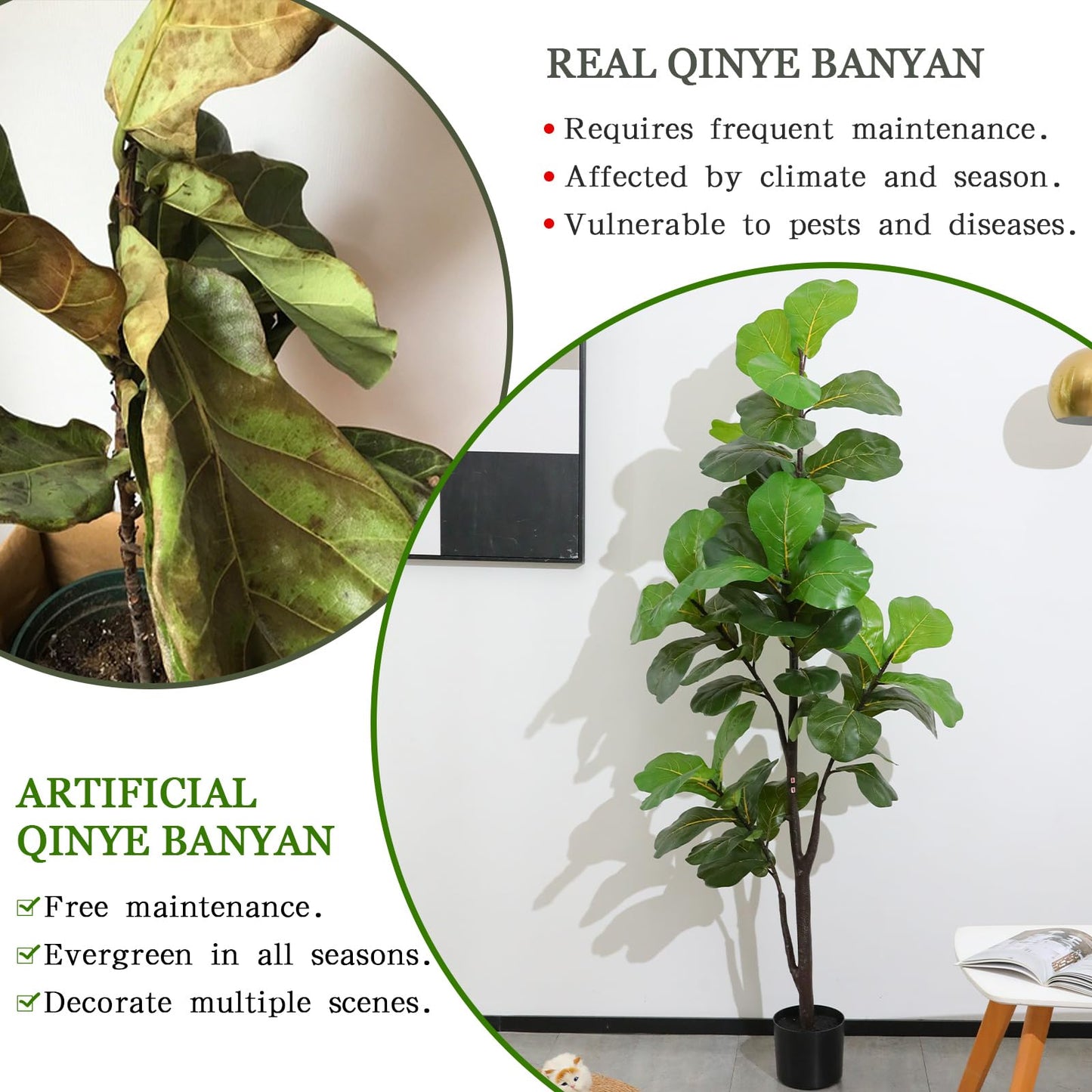 Artificial Fiddle Leaf Fig Tree 6ft, Large Faux Plant Fake Ficus lyrata Silk Trees with Pot for Indoor Outdoor House Living Room Office Home Decor