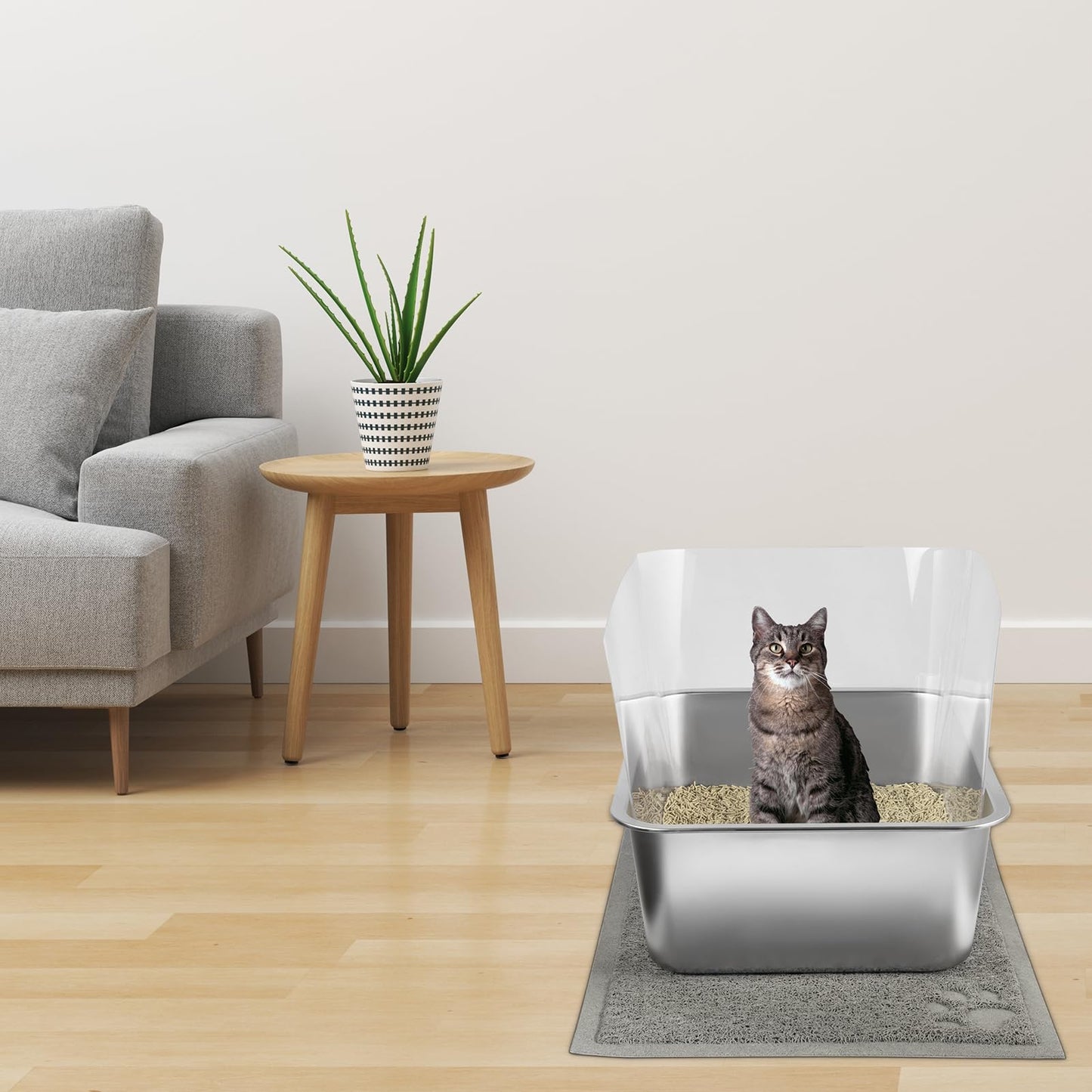 2 Set Stainless Steel Litter Box - 17.7"x13.8"x5.9", High-Sided Shield, Scoops, Mats for Multiple Cats, Easy to Clean