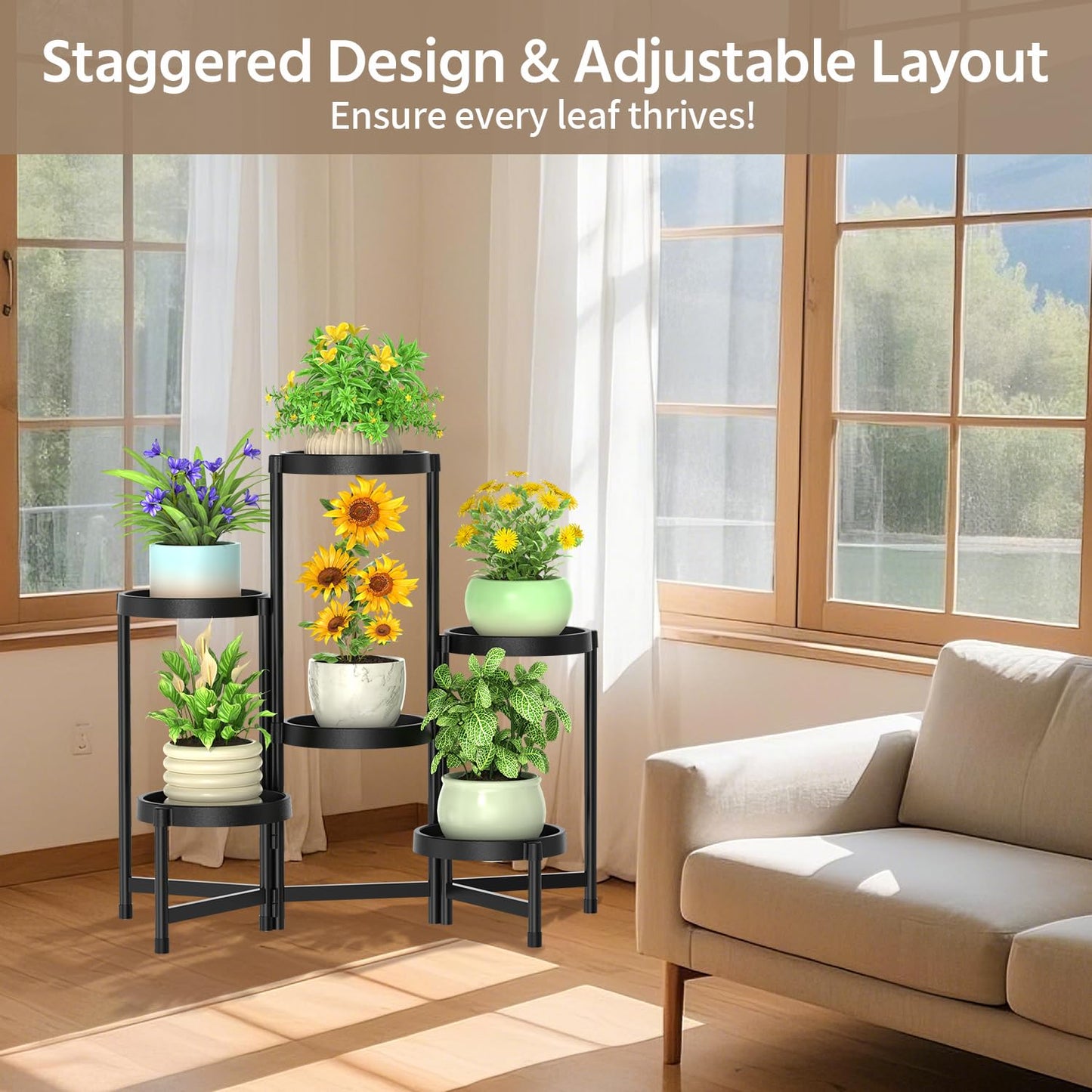 LASZOLA 6 Tiered Plant Stand Indoor Outdoor with Plastic Tray, Corner Folding Tall Flower Display Rack, Modern Plant Holder Shelf for Outdoor Patio Porch Garden Office Living Room, Black