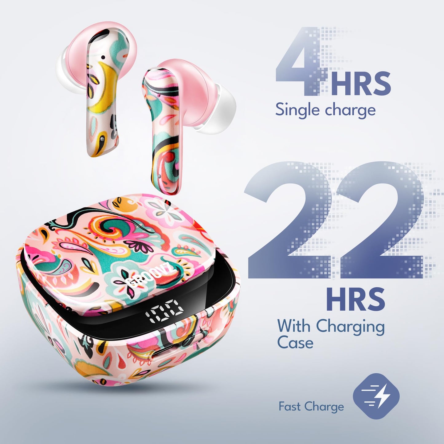 Groovz True Wireless Earbuds with Charging Case - Designed and Engineered in The USA - IPx4 Water Resistant Bluetooth Earbuds Compatible with Apple and Android - 27Hrs Battery Life - Paisley