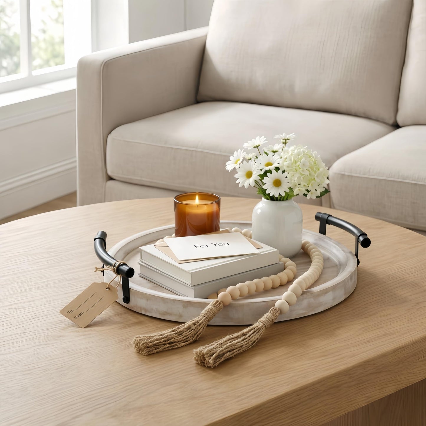 13" Round Decorative Wood Tray with Handles, Whitewashed Farmhouse Coffee Table Decor for Living Room, Entryway & Kitchen Island, Includes Bead Garland, Giftable Home Decor