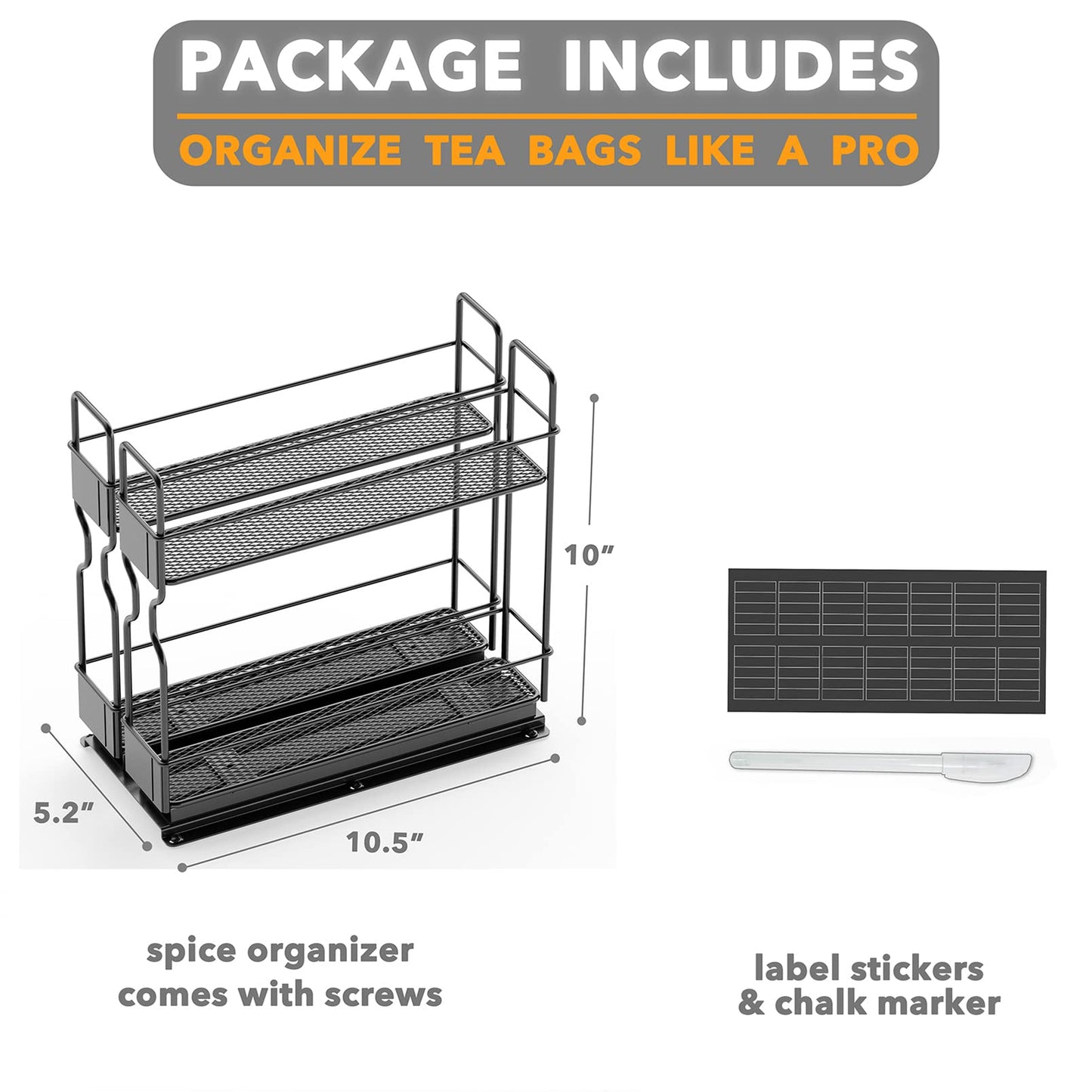 SpaceAid Pull Out Spice Rack Organizer for Cabinet, Heavy Duty Slide Out Seasoning Kitchen Organizer, Cabinet Organizer, with Labels, 5.2" W x10.75 D x10 H, 2 Drawers 2-Tier