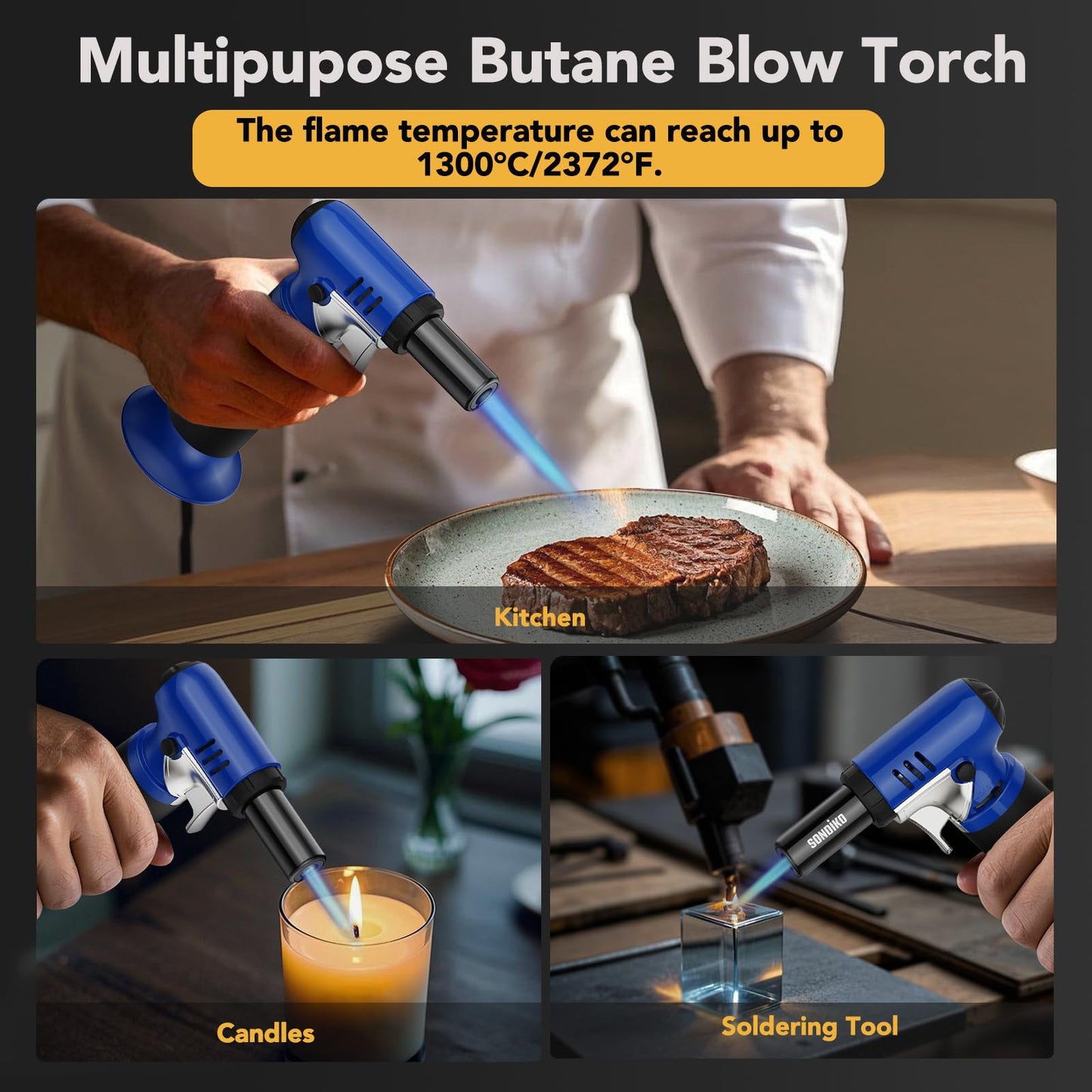 Sondiko Butane Torch with Fuel Gauge S907, Refillable Soldering Torch Lighter with Adjustable Flame for Welding, Industrial, Resin Art(Butane Gas Not Included)