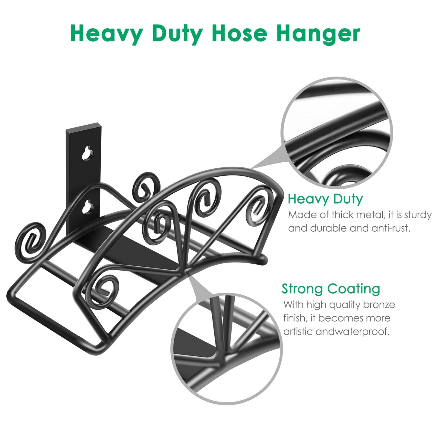 TomCare Garden Hose Holder Heavy Duty Water Hose Holder Solid Metal Hose Hanger Wall Mount Decorative Durable Garden Hose Storage Hose Reel Hose Organizer for Outside Yard, Black