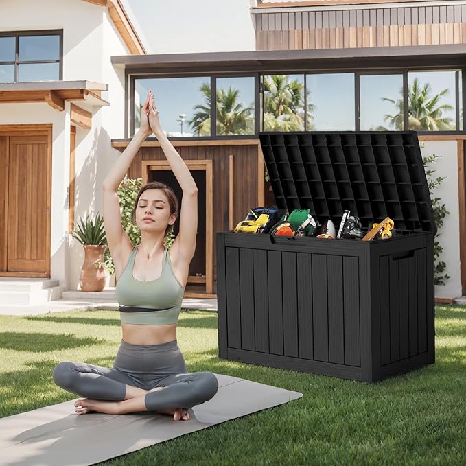 DRATO 45 Gallon Deck Box, Outdoor Storage Box for Patio Furniture, Patio Cushions, Gardening Tools, Pool Supplies 480lbs Weight Capacity,Waterproof Resin Storage Boxes(Black,45 Gallon)