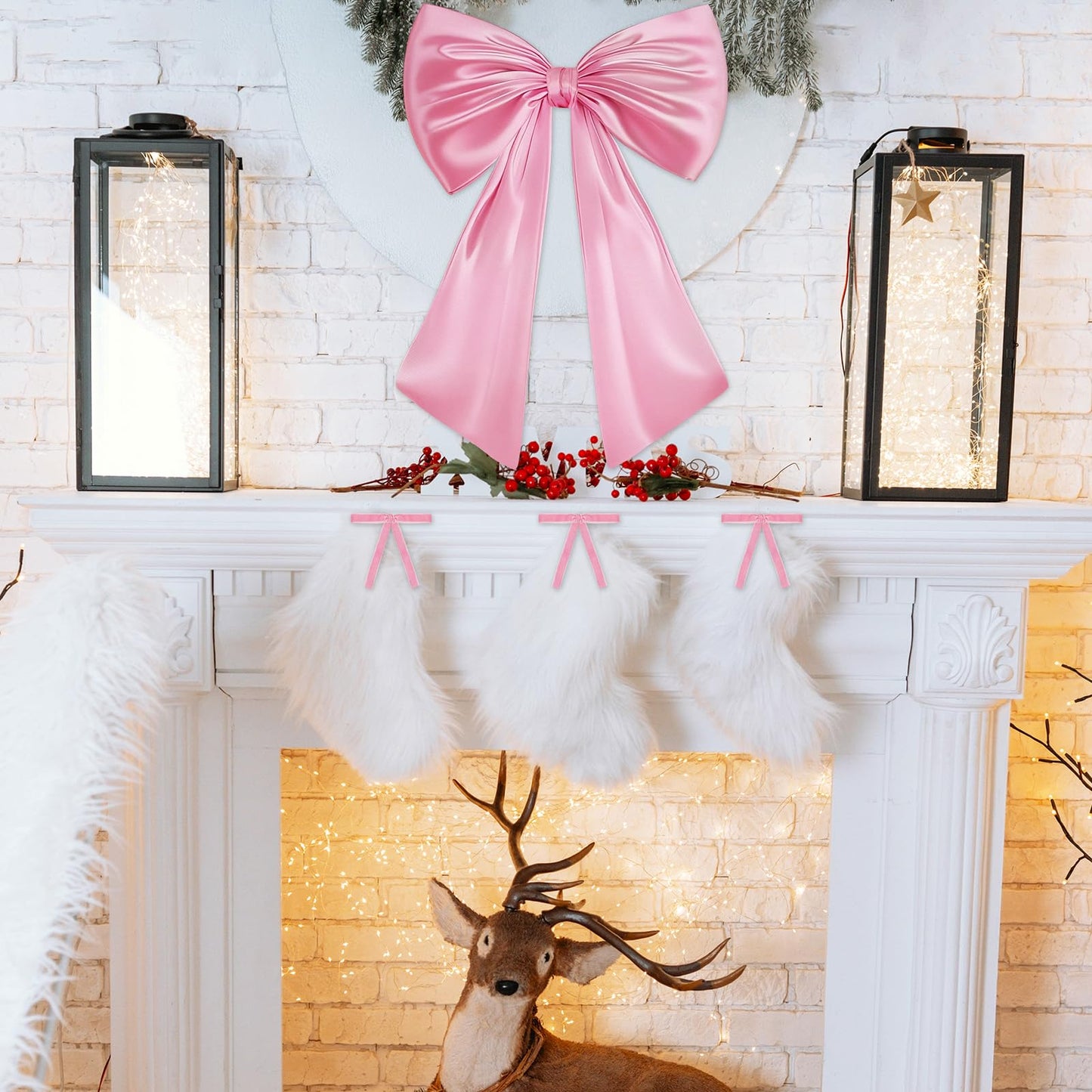 17x23 Inch Large Pink Bow for Christmas Tree Topper Christmas Tree Decoration Set: 24 Small Velvet Bows, 1 Pcs Big Tree Topper Bow, 3000 Strands of Tinsel Icicles for Holiday Decor (Pink)