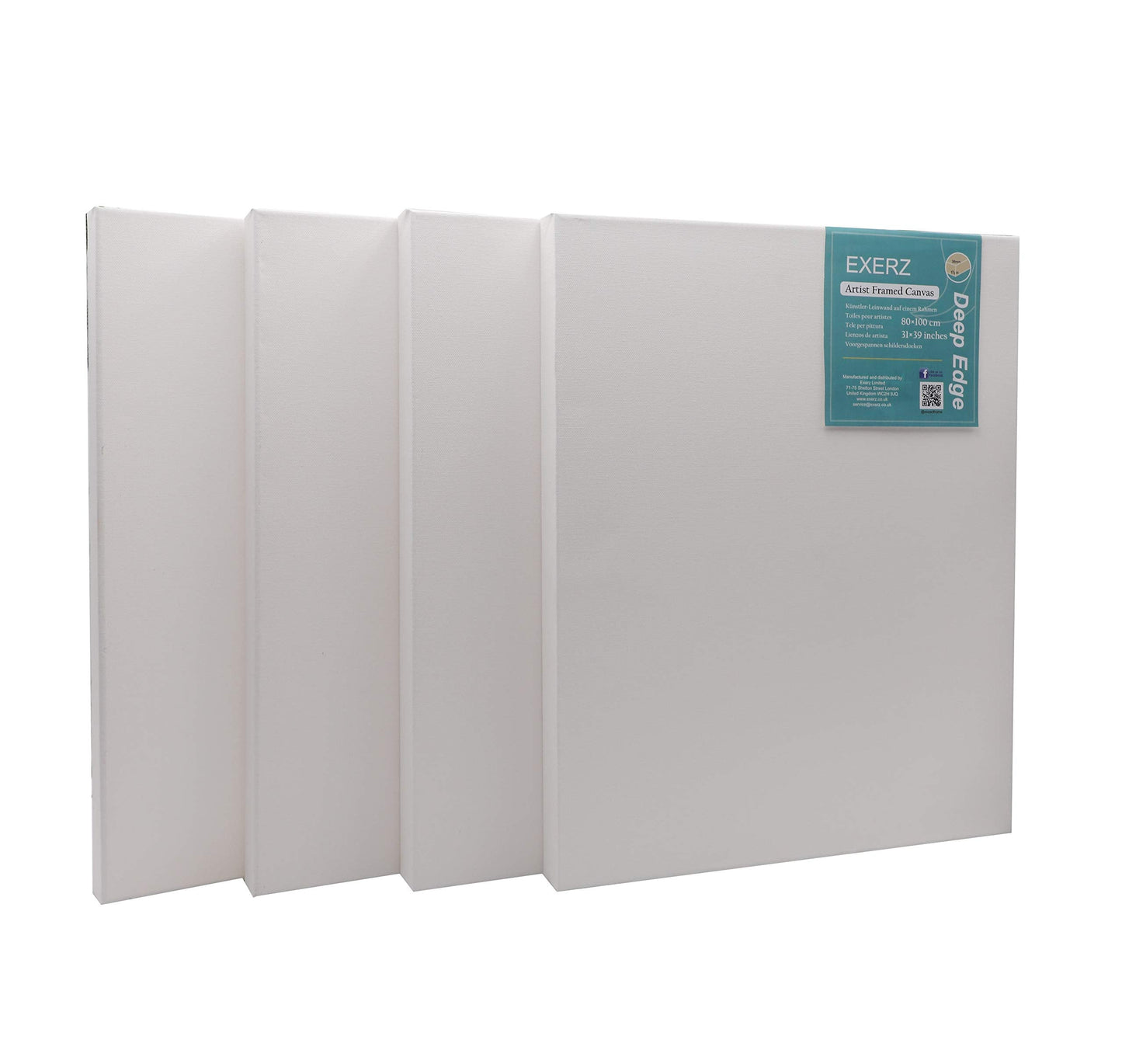EXERZ 80x100cm Canvas Deep Edge 4pk, 3D Artist Framed 3.8cm 380GSM Pre-Stretched 100% Cotton/Blank/Triple Primed/Acid Free/Medium Grain, Acrylic & Oil (80x100cm 4pk)