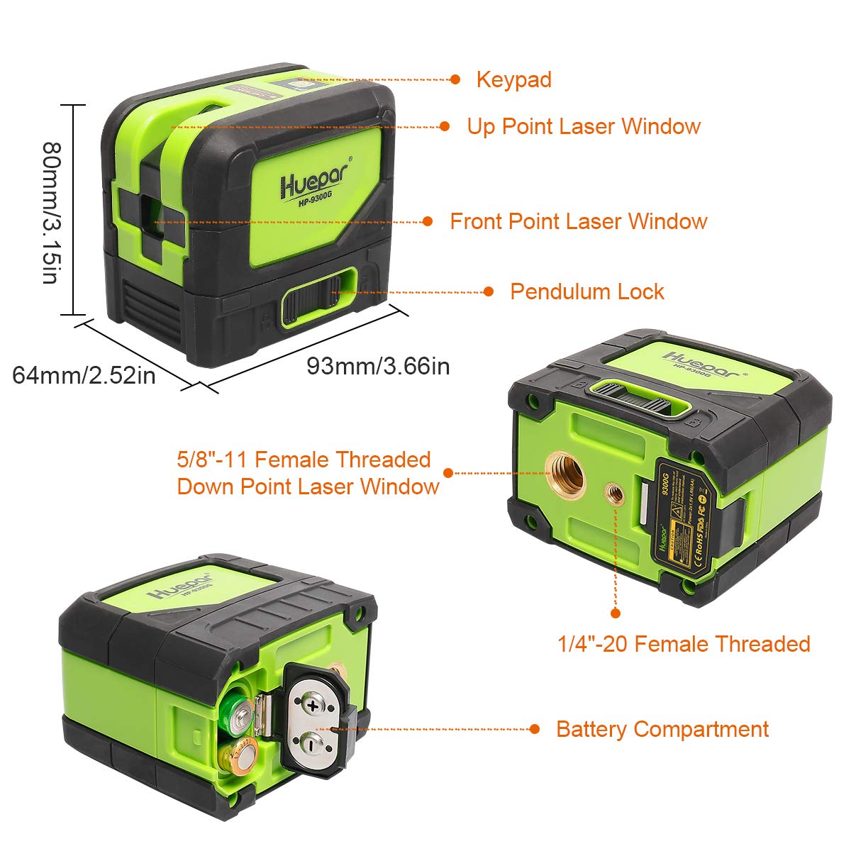 3 - Plumb Dot Laser Leveler Tool (No Laser Line), Huepar 3 Spots Laser Self-Leveling Green Plumb Bob for Soldering and Points Reference Positioning, 197Ft Working Range, Battery Included - 9300G