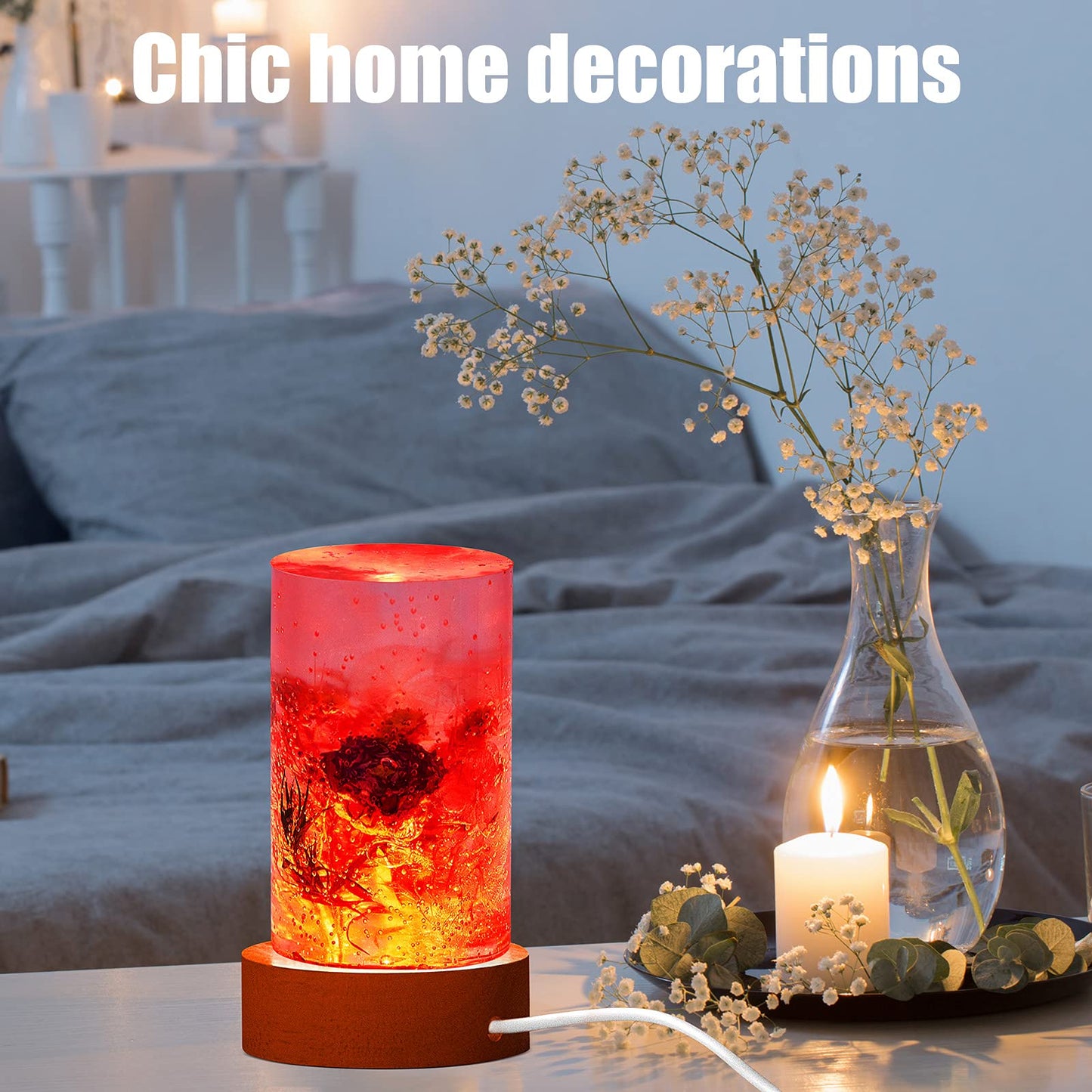 2 Pieces Cylinder Light Resin Silicone Mold Set, Include Cylinder Light Resin Mould and USB Powered Wooden Lighted Base Stand for DIY Desktop Ornaments Table Lamp Table Candle Home Decorations