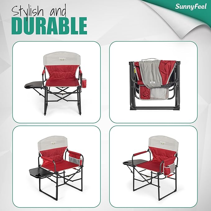 SUNNYFEEL Camping Directors Chair, Heavy Duty,Oversized Portable Folding Chair with Side Table, Pocket for Beach, Fishing,Trip,Picnic,Lawn,Concert Outdoor Foldable Camp Chairs