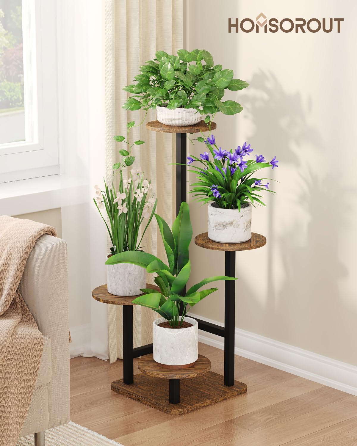 Homsorout Plant Stand Indoor - 4 Tiered Indoor Plant Stand, Metal Plant Shelf Plant Holder, Ideal for Living Room, Garden, Patio, Balcony (Black Brown)