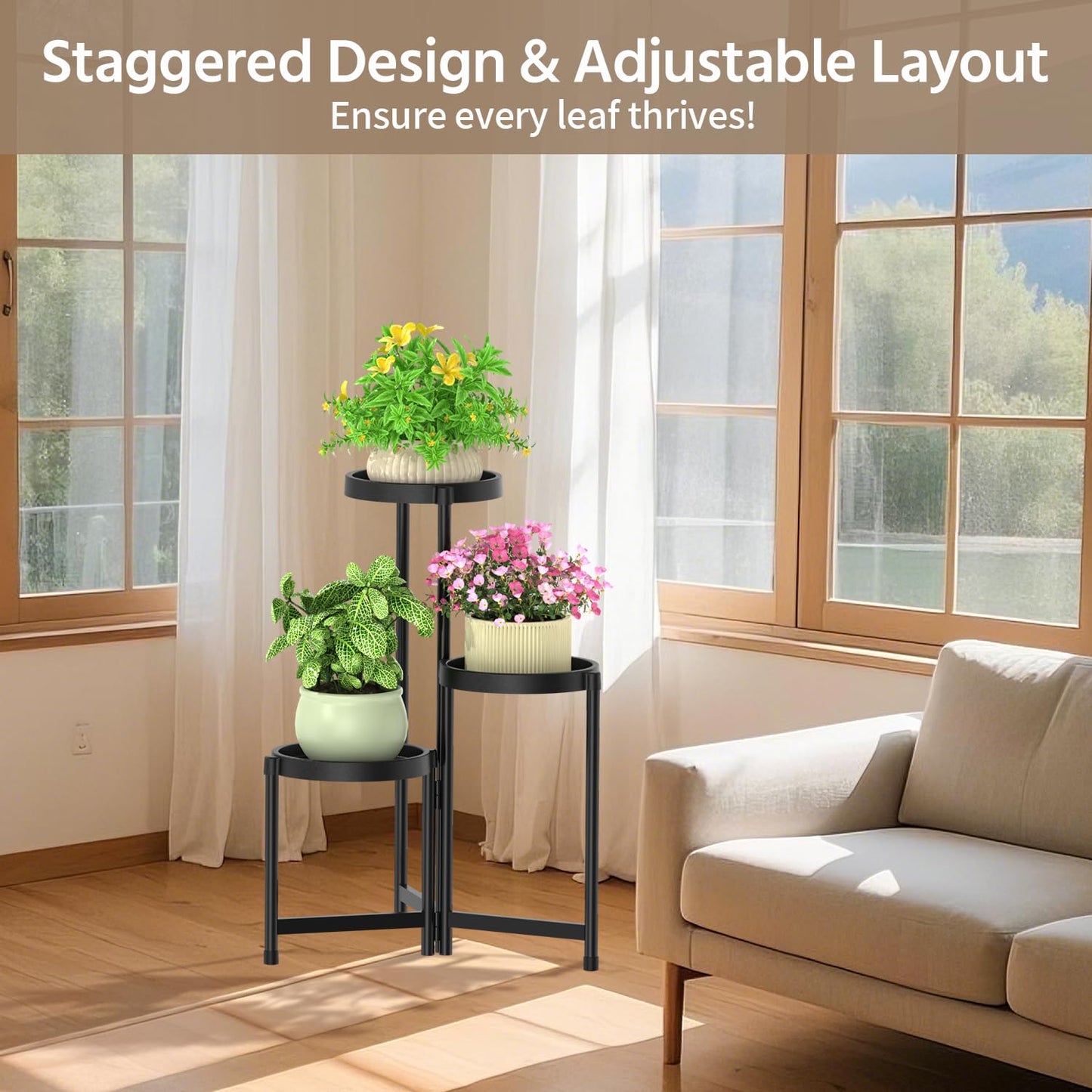 LASZOLA 3 Tiered Plant Stand Indoor Outdoor with Plastic Tray, Corner Folding Tall Flower Display Rack, Modern Plant Holder Shelf for Outdoor Patio Porch Garden Office Living Room, Black