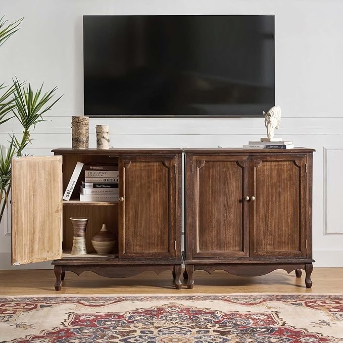 Solid Wood Sideboard with Adjustable Feet, 2 Shelves Storage Accent Cabinet