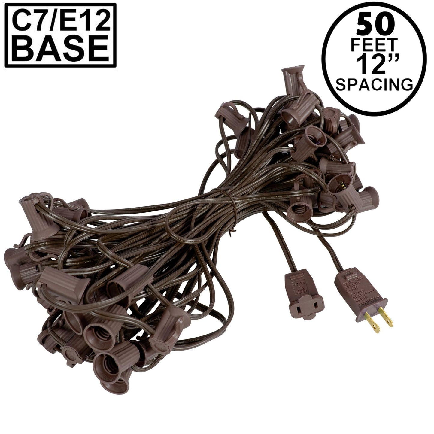 Novelty Lights 50 Foot String Light Set - Indoor/Outdoor Stringer Set for Christmas, Wedding Decor, Patios, & More - C7/E12 Intermediate Base (Brown Wire, 12" Spacing)