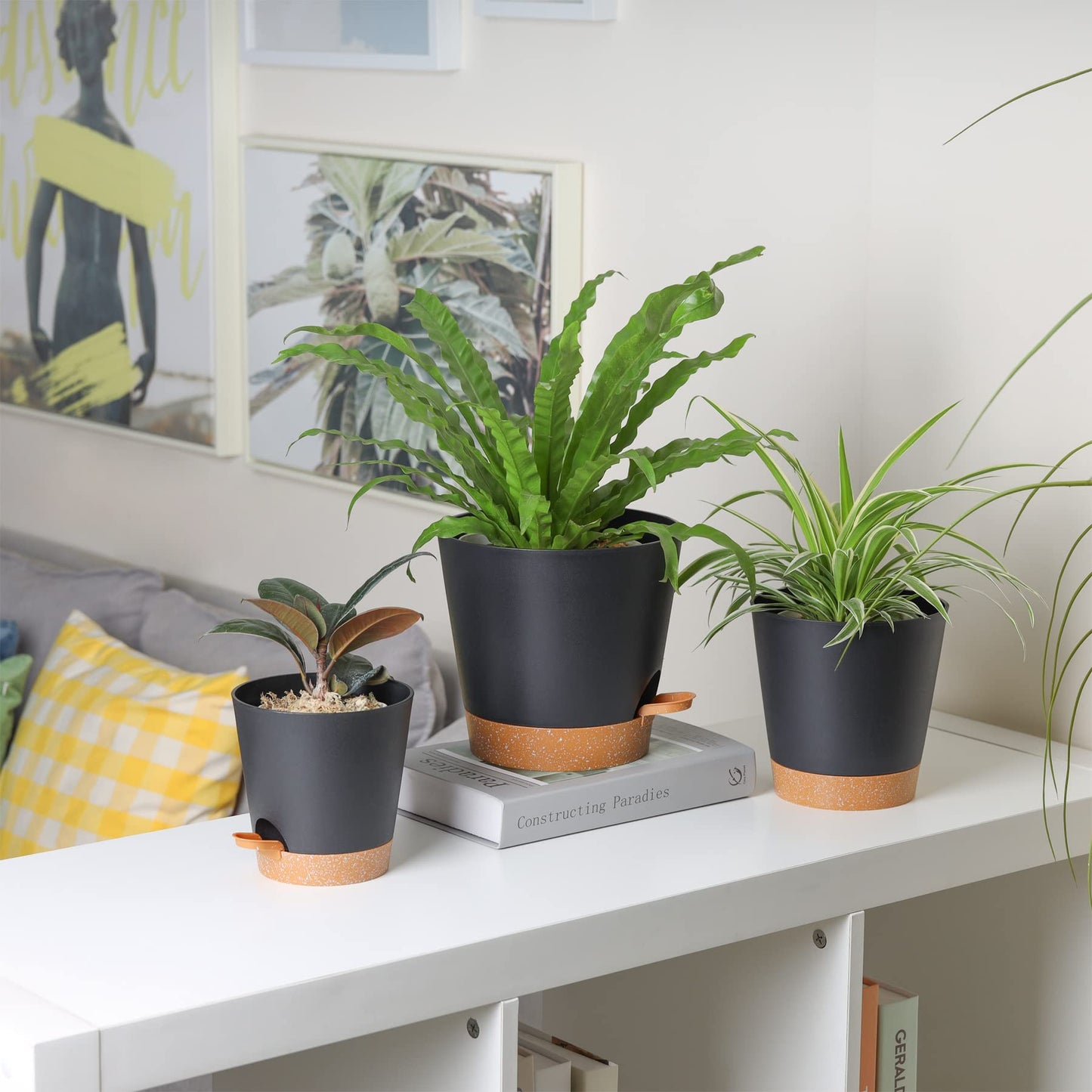 T4U 20 cm Plastic Flower Pot with Watering System, Set of 3 Self-Watering Flower Pot with Saucer, Herb Pot for Indoor and Balcony Garden Plants Succulents Cactus Flower Pot Black