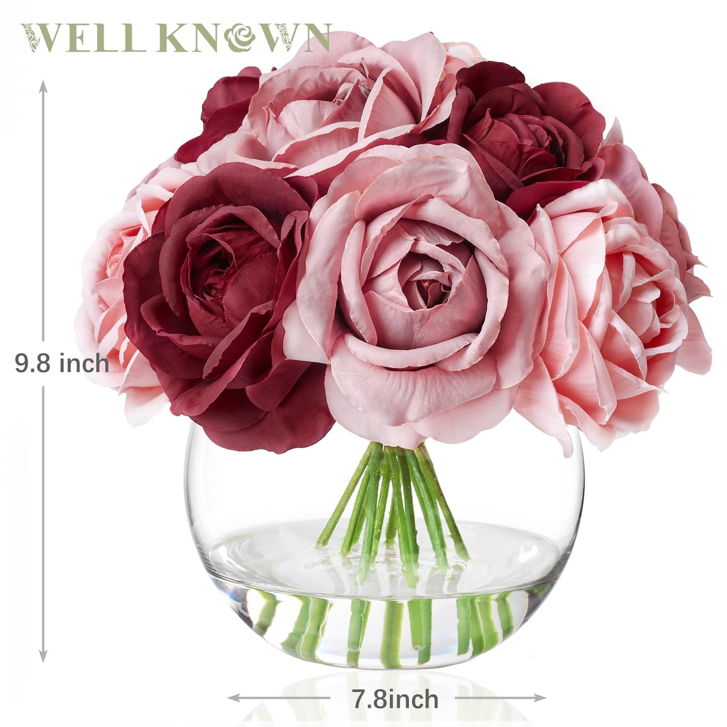 WELL KNOWN Silk Rose Artificial Flowers with Vase, Artificial Rose Flower Arrangement in Round Glass Vase with Faux Water for Home Dining Table Wedding Birthday Party Decor (Burgundy Red & Dusty Rose)