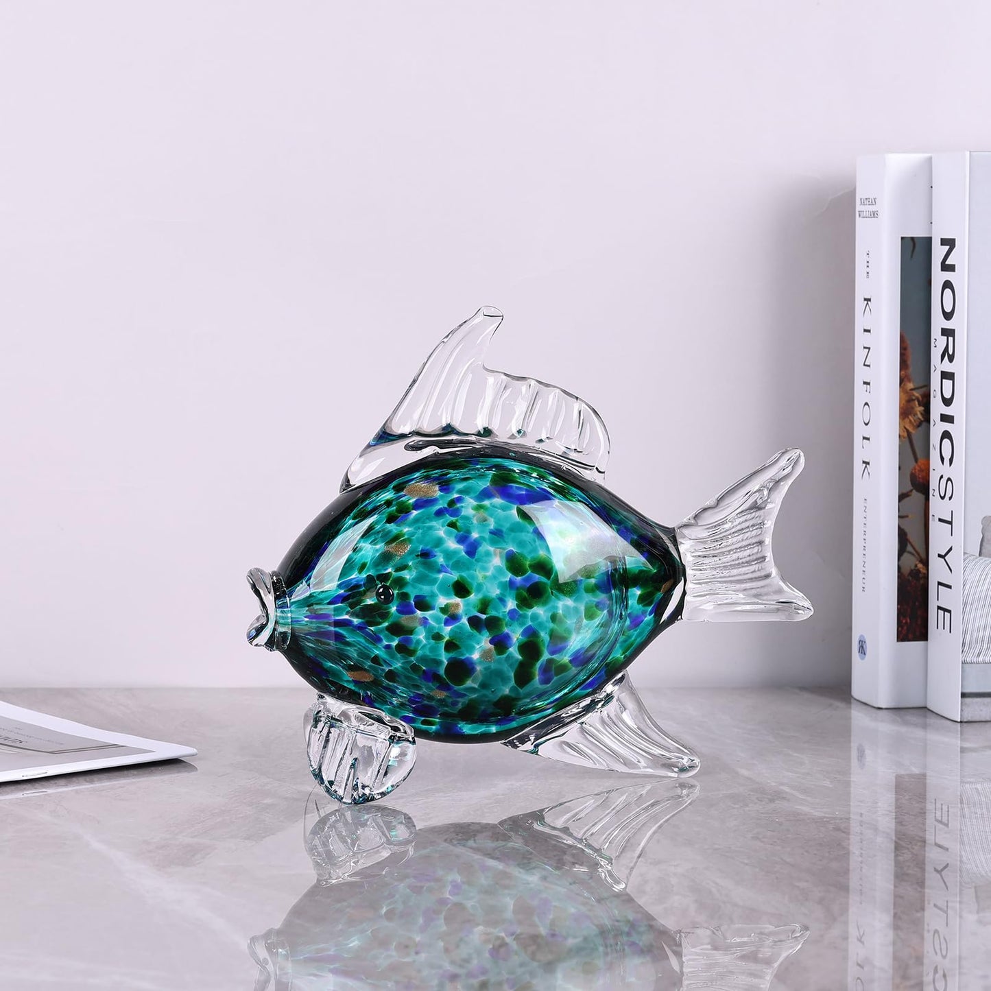 LINYTHER Large Glass Fish Figurine for Home Decor, Hand Blown Art Glass Ocean Animal Statue, Decorative Coastal and Beach Themed Sculpture for Table, Shelf, Bathroom, Living Room or Office