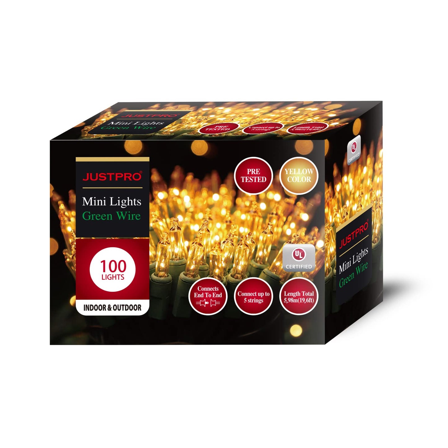 JUSTPRO 100LIGHTS Yellow Extra-Bright with End Connectors Christmas Decorative Lights 5.98m UL Certified Mini String Light Set Waterproof for Home Garden Holiday Christmas Tree Party Patio Wedding