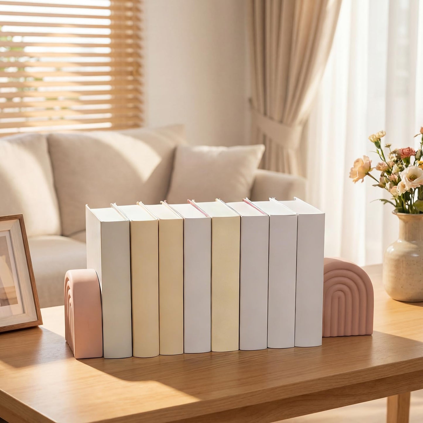 Fiwochic Soft Coral 2 Pcs Boho Arch Concrete Bookends for Shelves Decorative Book Holder Stopper with Anti Slip Pads for Heavy Books Home Office Aesthetic Library Decor (Rainbow)
