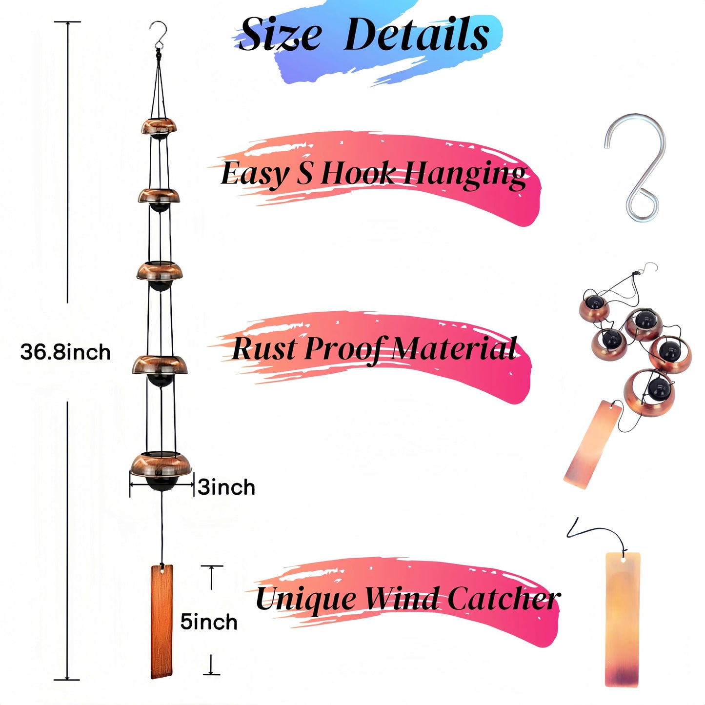 JBSYYXGS 36.8” Handcrafted Copper Wind Chimes – Deep Tone Bells for Garden, Patio, Porch & Zen Décor – Unique Feng Shui, Meditation & Relaxation Gifts for Mom, Dad, Memorial Gardens