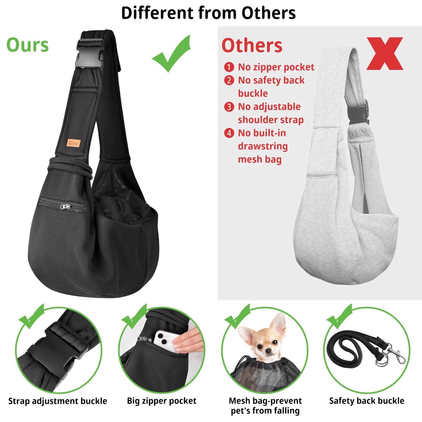 CUBY Dog and Cat Sling Carrier - Small Dog Carrier Sling with Adjust Strap & Zip Pocket, Hands Free Soft Dog Slings for Small Dogs Cats Puppy Pets Outdoor Travel Safety Purse Bag (Black)