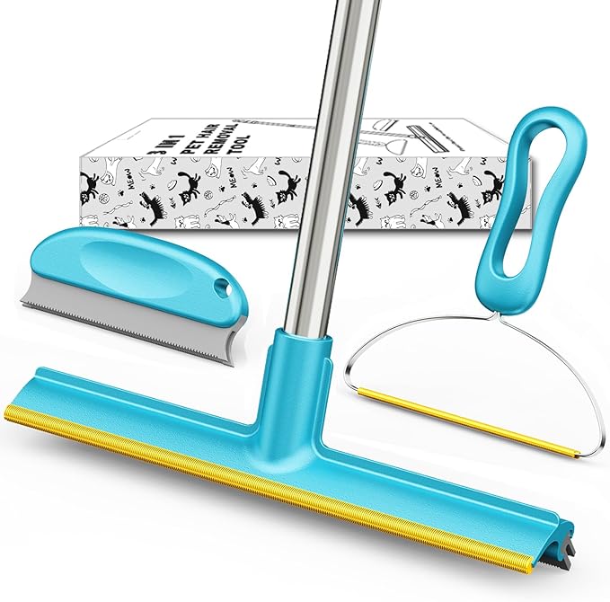 Carpet Rake for Pet Hair Removal, Dog Cat Fur Remover Rubber Broom, Stainless