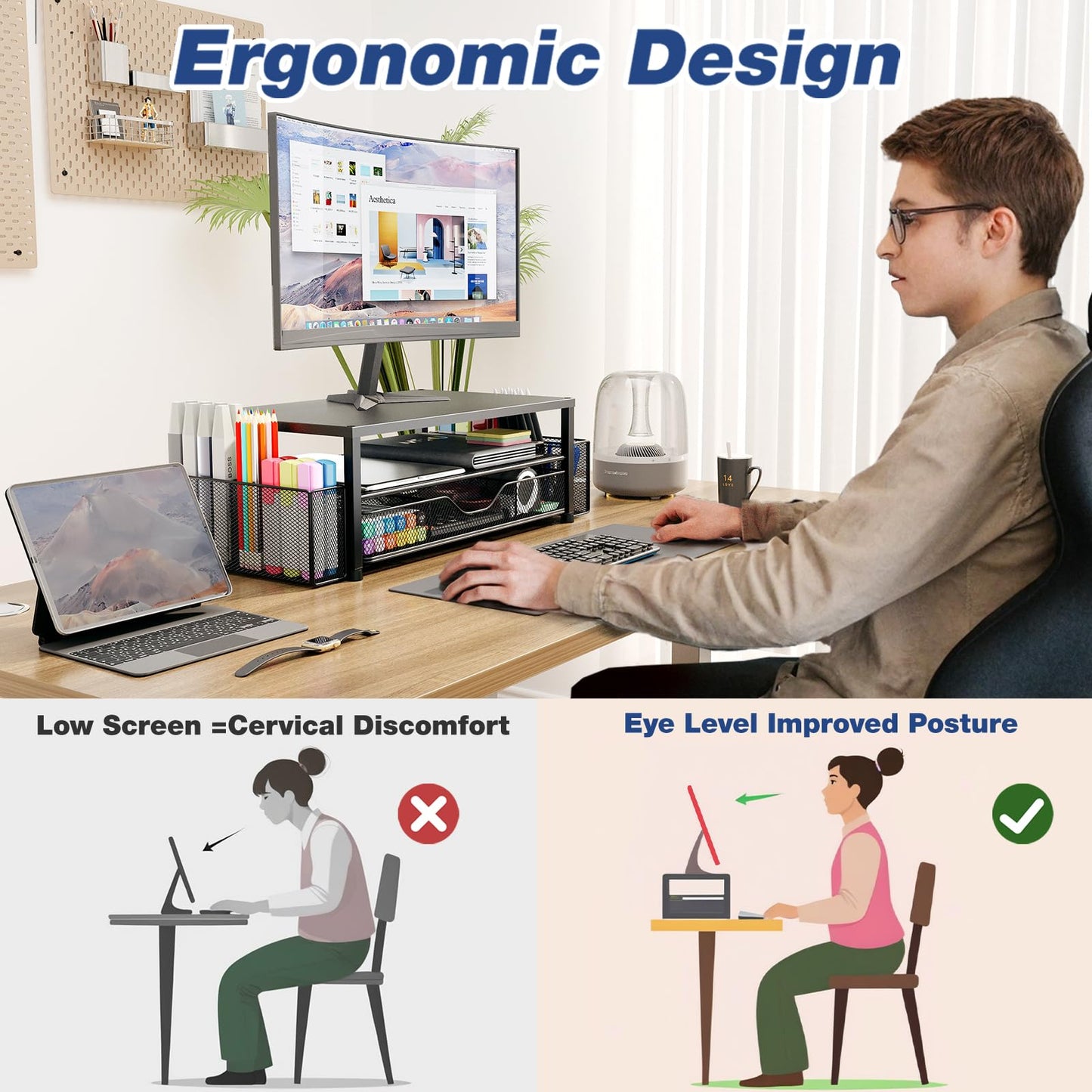 OPNICE Desk Organizer and Accessories, 2-Tier Computer Monitor Stand Riser with Drawer and 2 Pen Holders, Office Desk Accessories for Office Supplies, Black