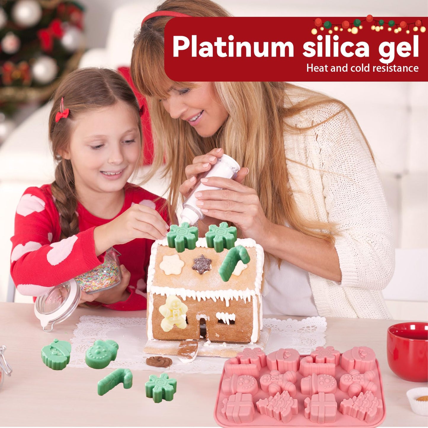 2PCS Christmas Silicone Cake Molds, 3D Christmas Chocolate Candy Molds, Snowflake Gingerbread Xmas Tree Cane Santa Snowman Shapes Baking Molds for DIY Candy Soap Jelly Ice Cube Tray Cake Topper