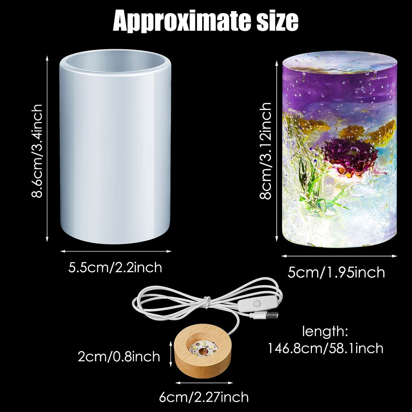 2 Pieces Cylinder Light Resin Silicone Mold Set, Include Cylinder Light Resin Mould and USB Powered Wooden Lighted Base Stand for DIY Desktop Ornaments Table Lamp Table Candle Home Decorations