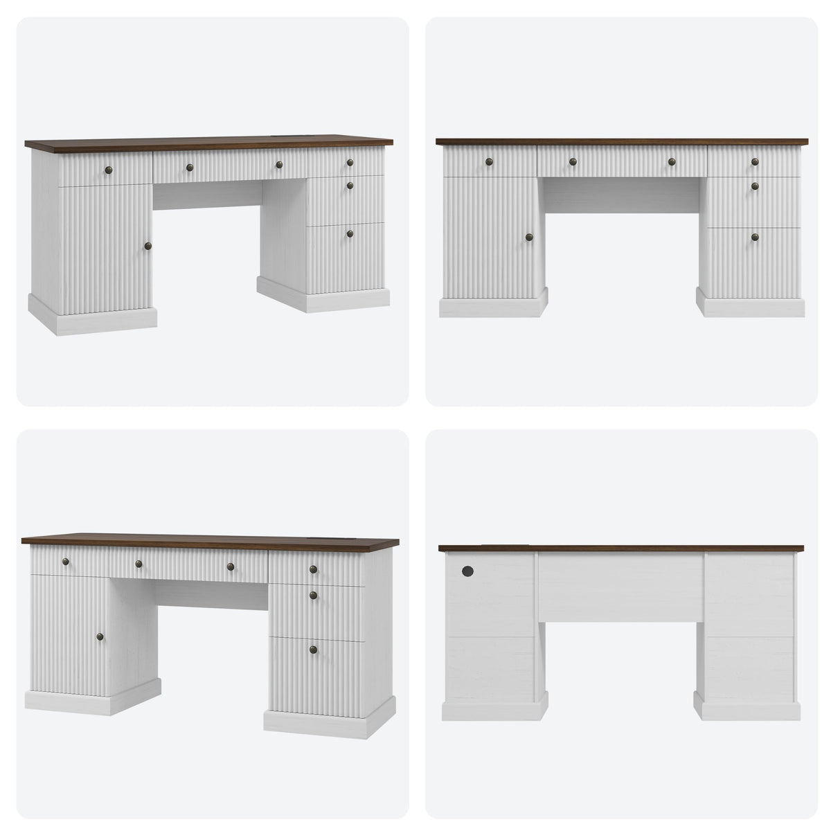 Garvee 60" Office Desk with Storage Cabinet & Drawers. Fluted Wood Computer Desk with Power Outlet & Adjustable Shelves.Modern Executive Desk for Home Office/Bedroom/Gaming-White