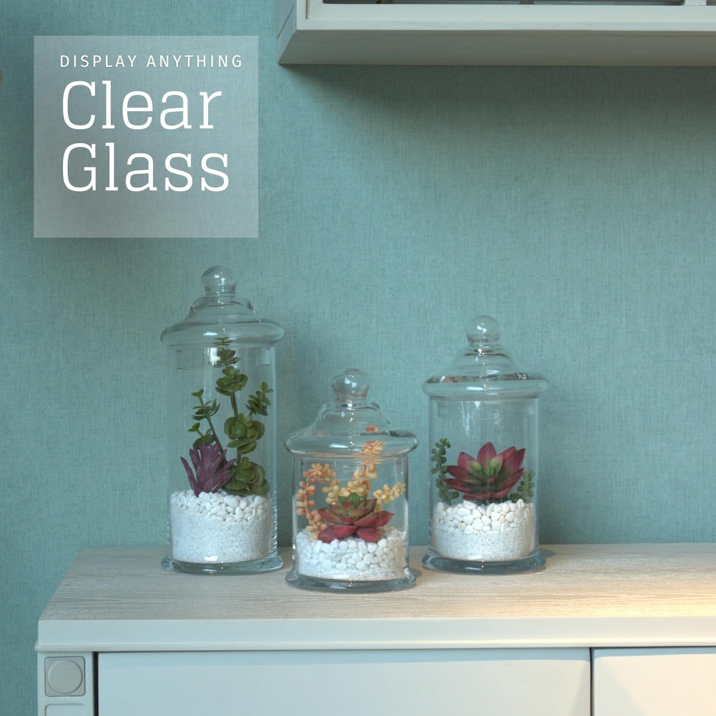 Glass Apothecary Jars with Lids, Set of 3 - Bathroom Storage Organizer for Qtips, Cotton Balls, Bath Salts, Candy, Kitchen & Home Decor (11", 8.5", 7.5" Heights)