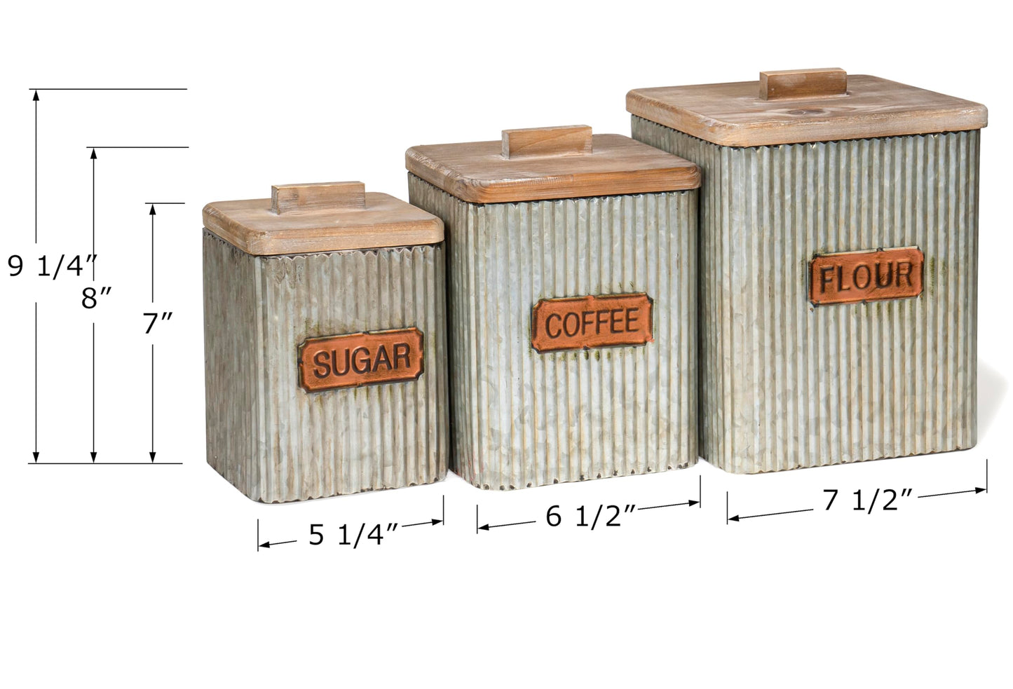 Red Co. Set of 3 Pre-Labeled Sugar, Coffee & Flour Distressed Metal Storage Canister Jars with Wooden Lids