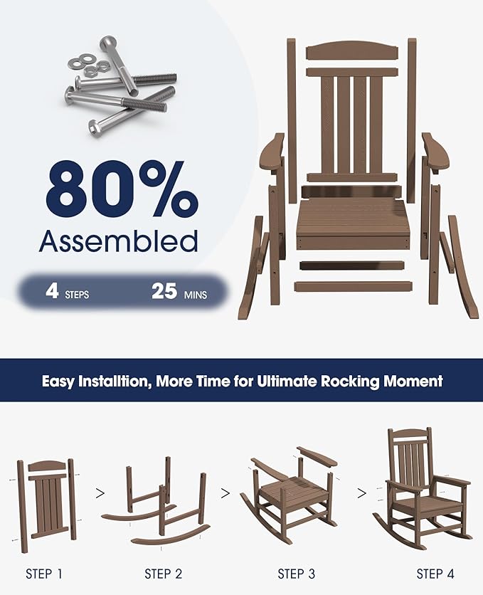KINGYES HDPE Outdoor Rocking Chair Set of 4, Widened Seat Patio Rocking Chair, Oversized All Weather Patio Rocker, Brown