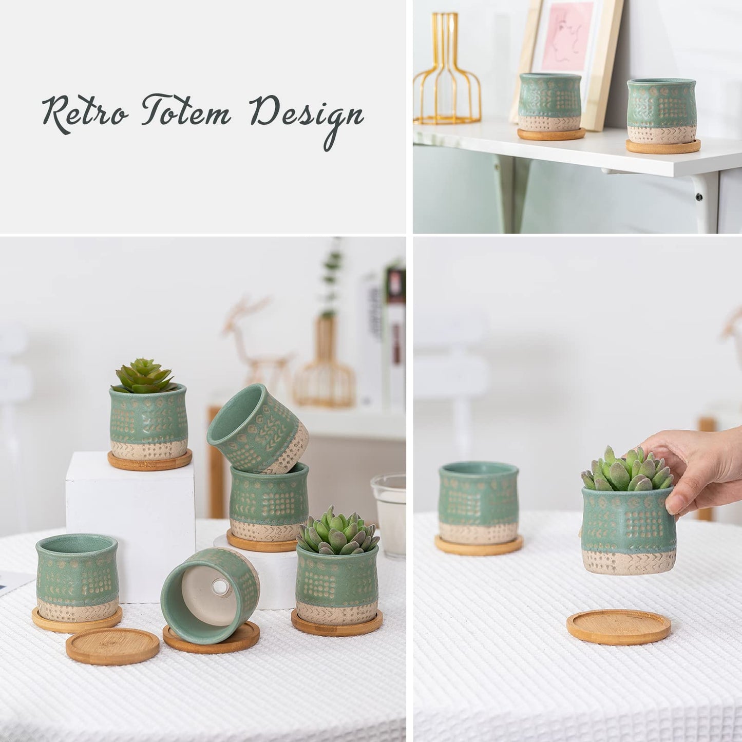 TAMAYKIM 2.75 Inch Mini Ceramic Succulent Plant Pots, Retro Tiny Planter Pots with Saucer & Drainage Hole, for Cactus, Small Plants, Set of 6, Green