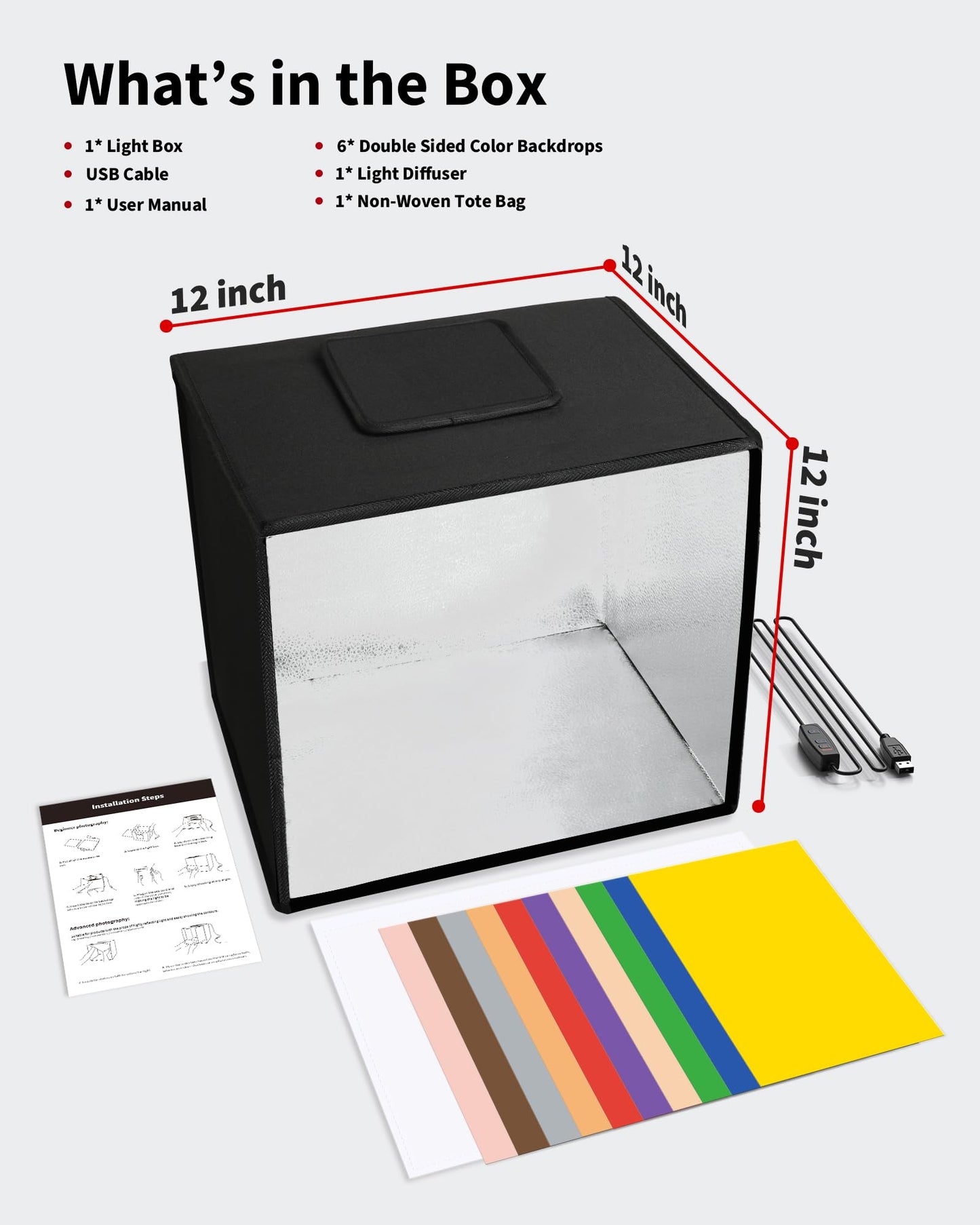 Glendan Mini Photo Studio Light Box, 12"x12" Professional Light Box Photography, Portable Folding Photo Box with CRI >95 112 LED Lights + 6 Kinds Double-Sided Color Backdrops for Product Photography
